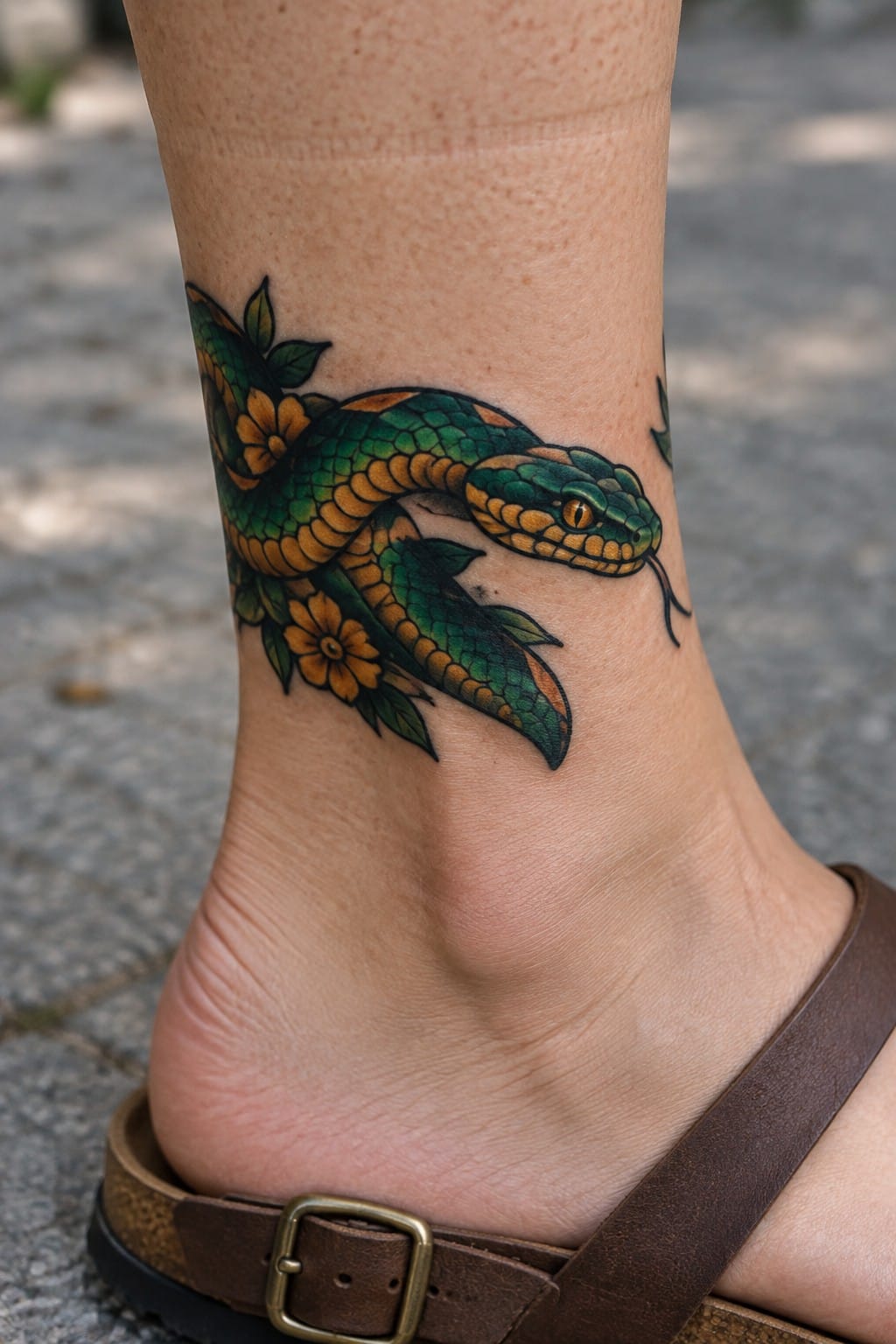 Neo traditional snake tattoo in green and orange scales with yellow flowers wrapped around a woman's ankle.