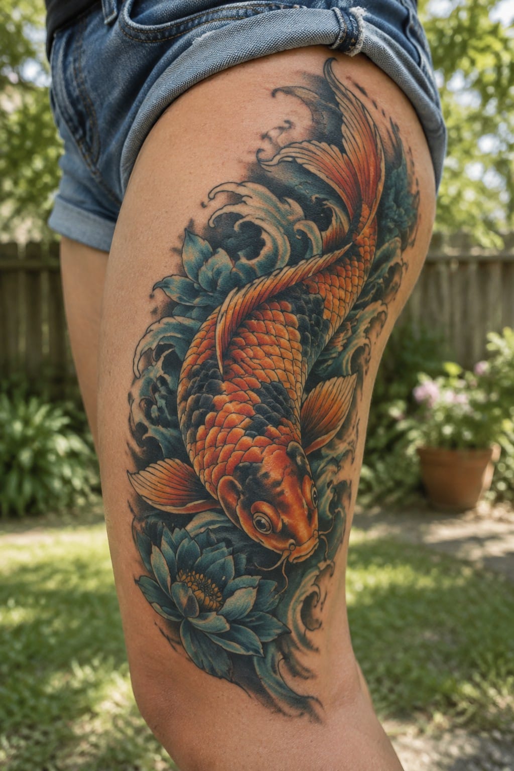 Colorful koi fish tattoo with blue lotuses and waves on thigh in denim shorts