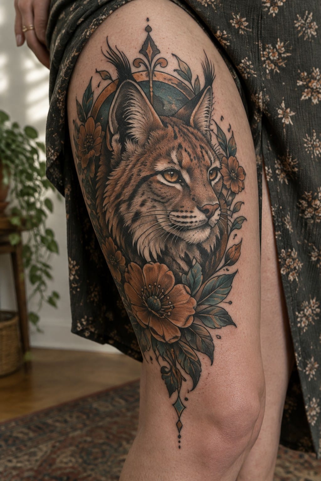 Neo-traditional lynx head tattoo with surrounding flowers on the thigh, featuring rich browns and teal accents.