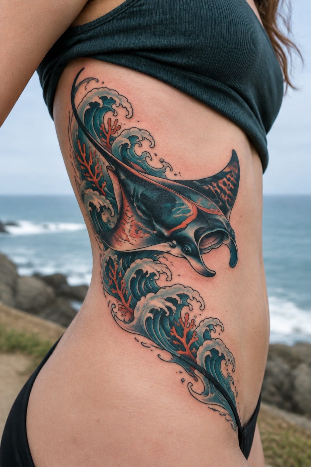 Neo-traditional manta ray tattoo on a woman's side, swimming through teal waves with red coral accents against ocean background.