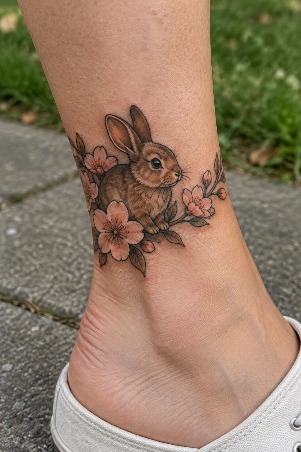 Brown rabbit tattoo with pink cherry blossoms on ankle above white shoe