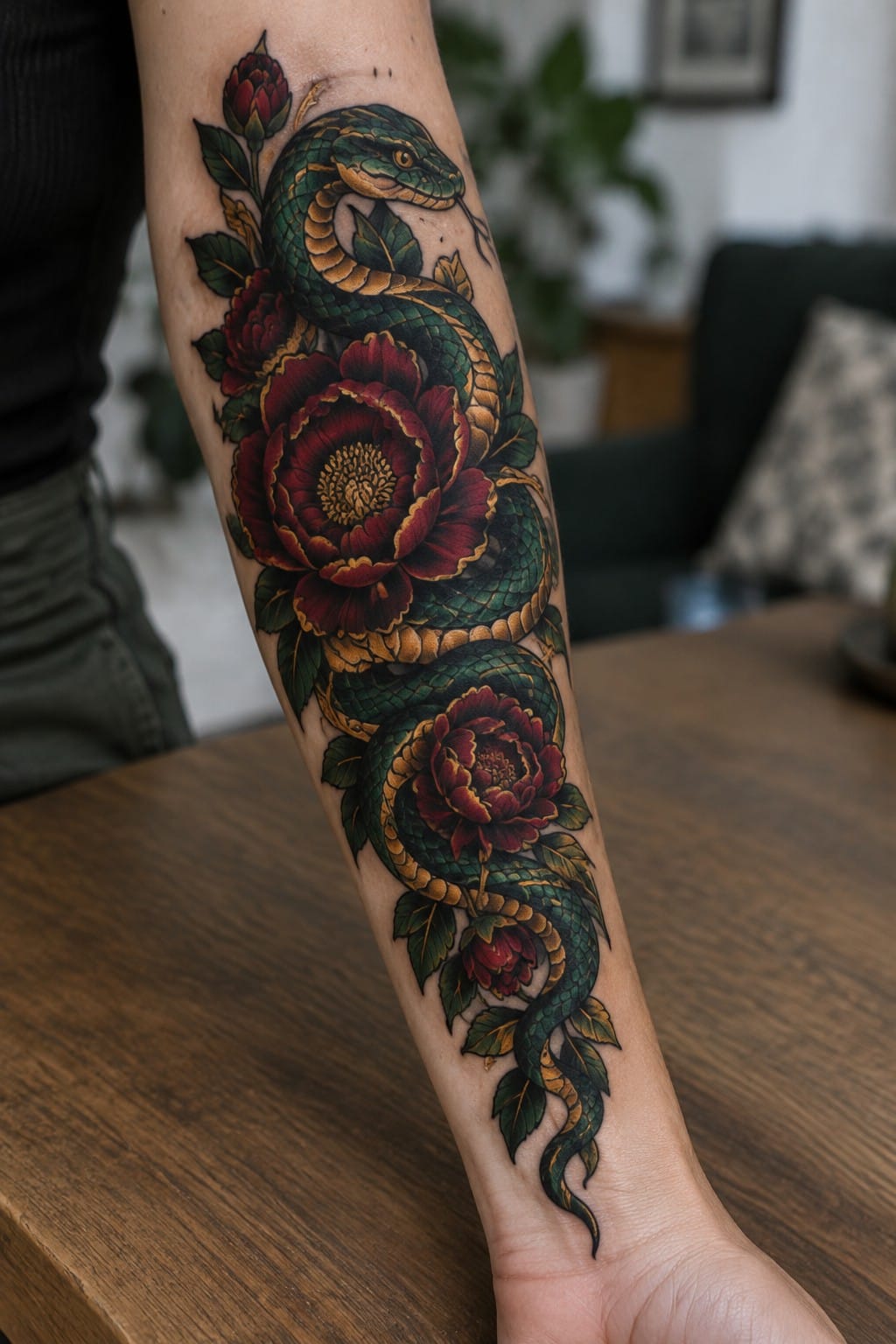 Neo traditional tattoo of a green snake coiled around red peonies on a forearm.