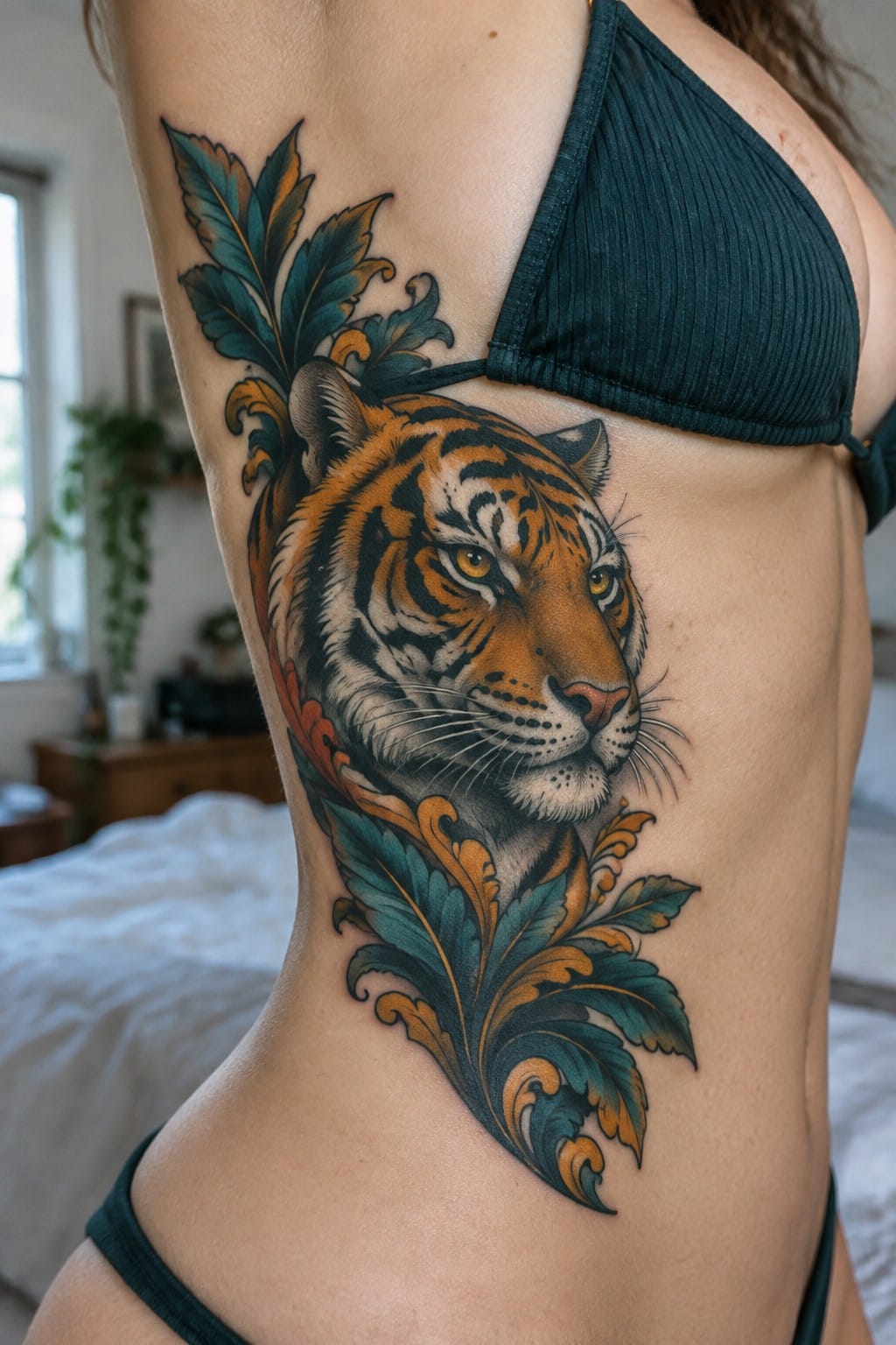 Woman in dark green bikini with vibrant tiger and teal foliage tattoo on side