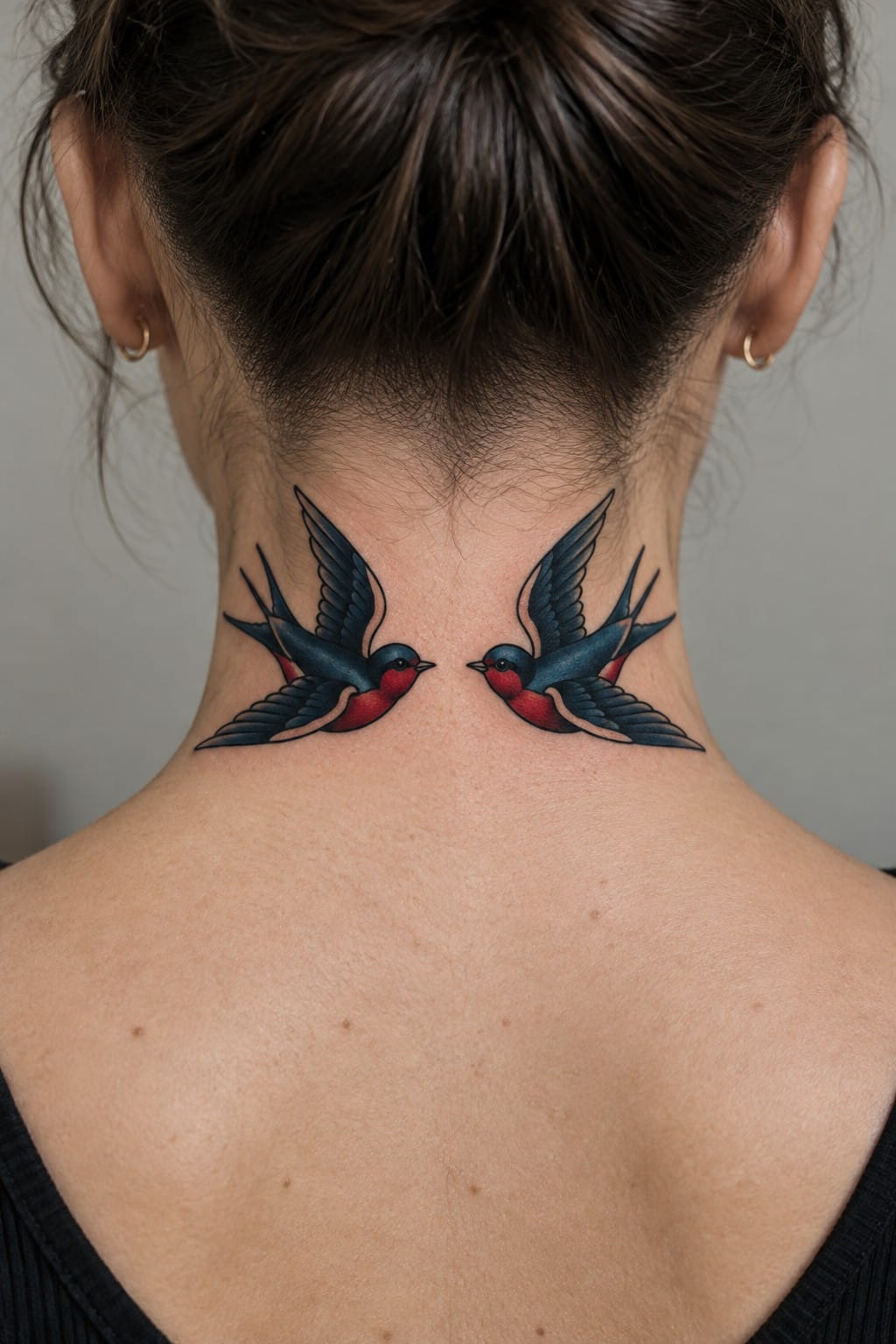 Two blue-and-red swallow tattoos facing each other on a neck.