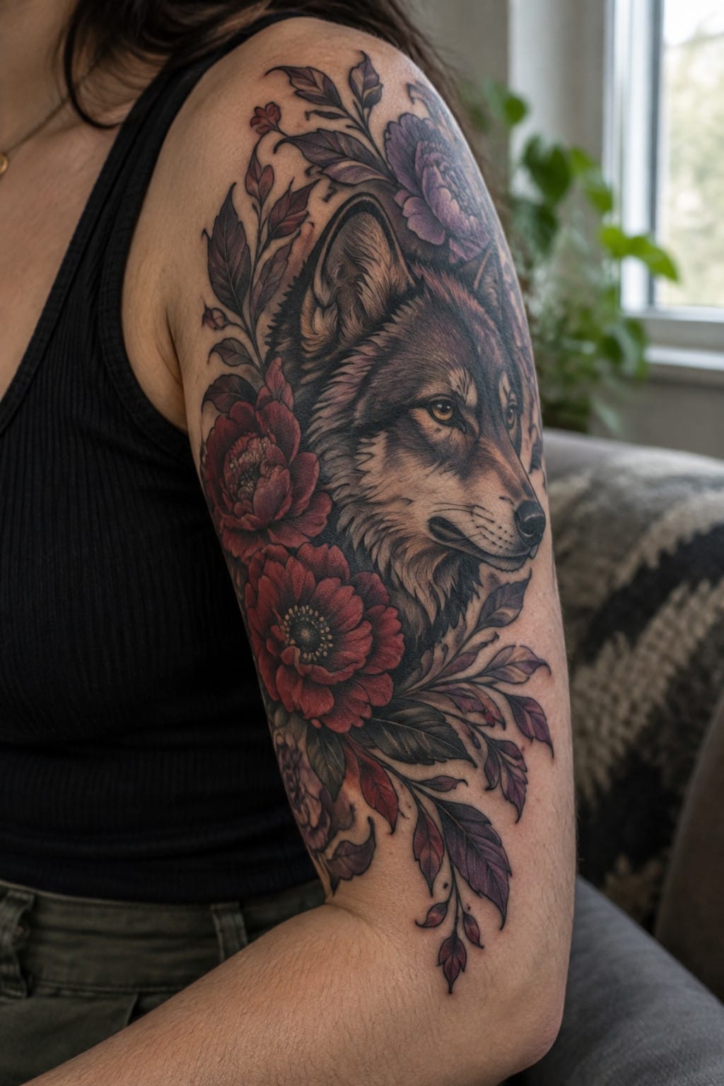 Woman's arm with detailed wolf head tattoo amid red and purple flowers