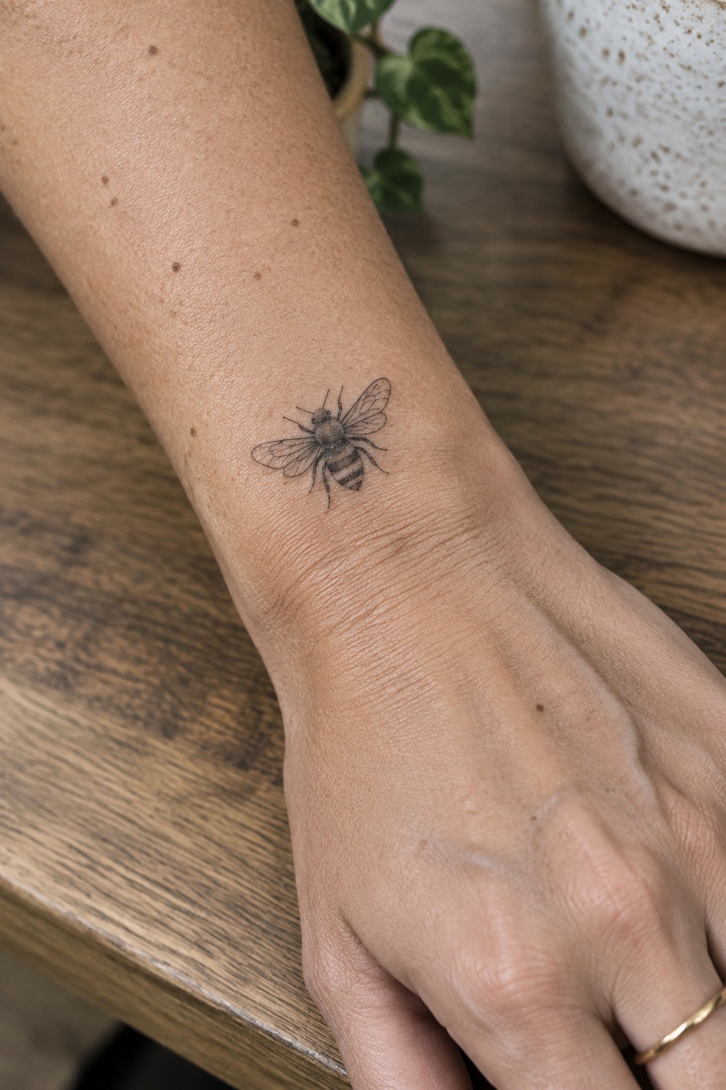 Small blackwork bee tattoo on the inner wrist of a woman's forearm