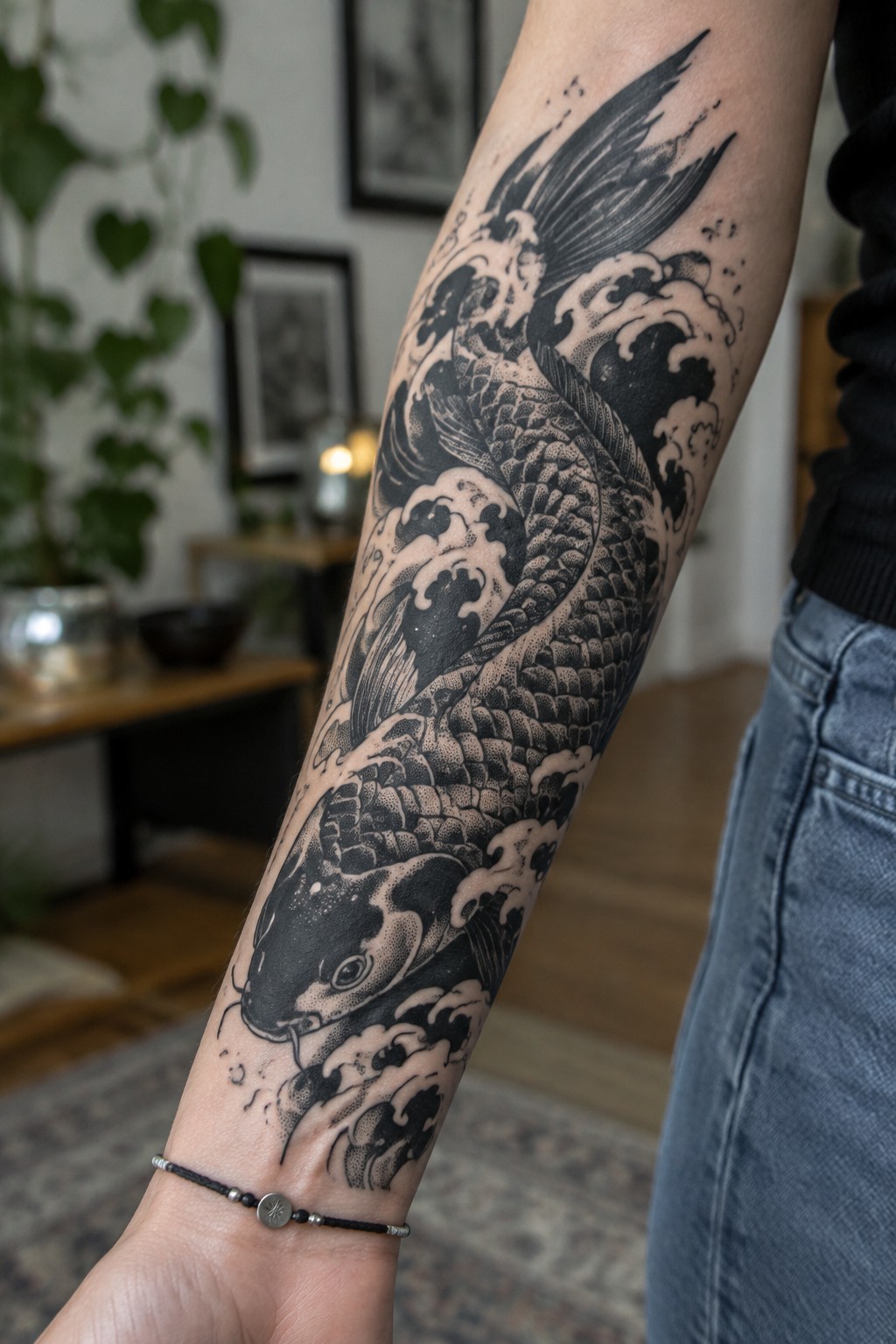Black and gray koi fish tattoo with waves on forearm in black shirt.