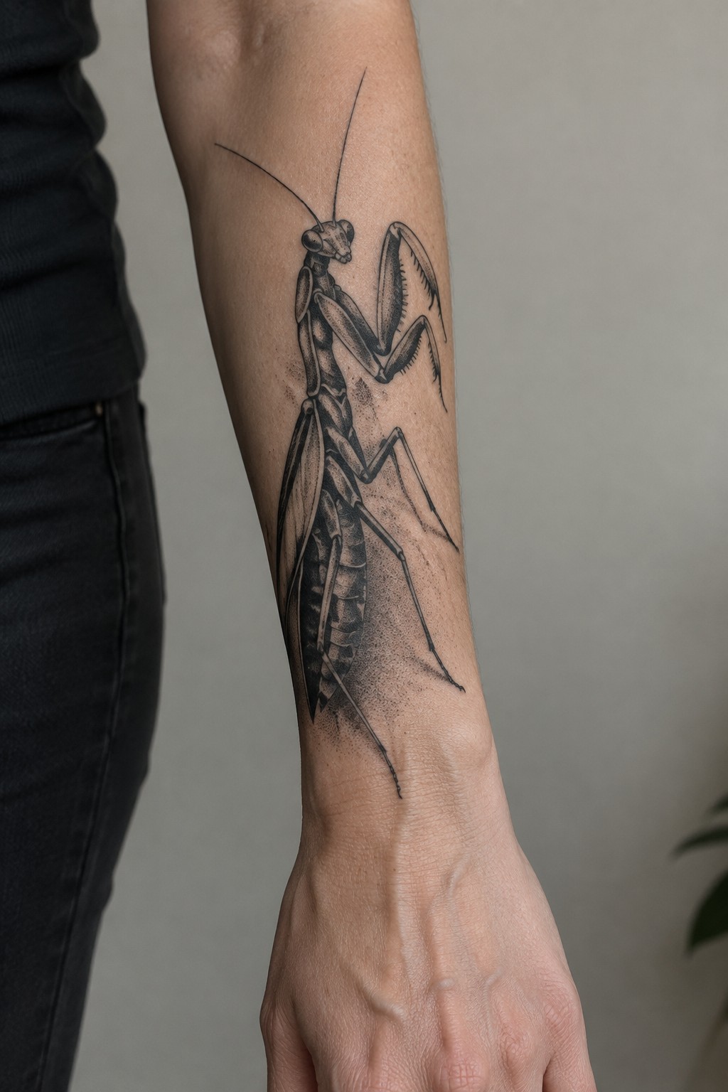 Detailed black praying mantis tattoo on a person's forearm with visible hand