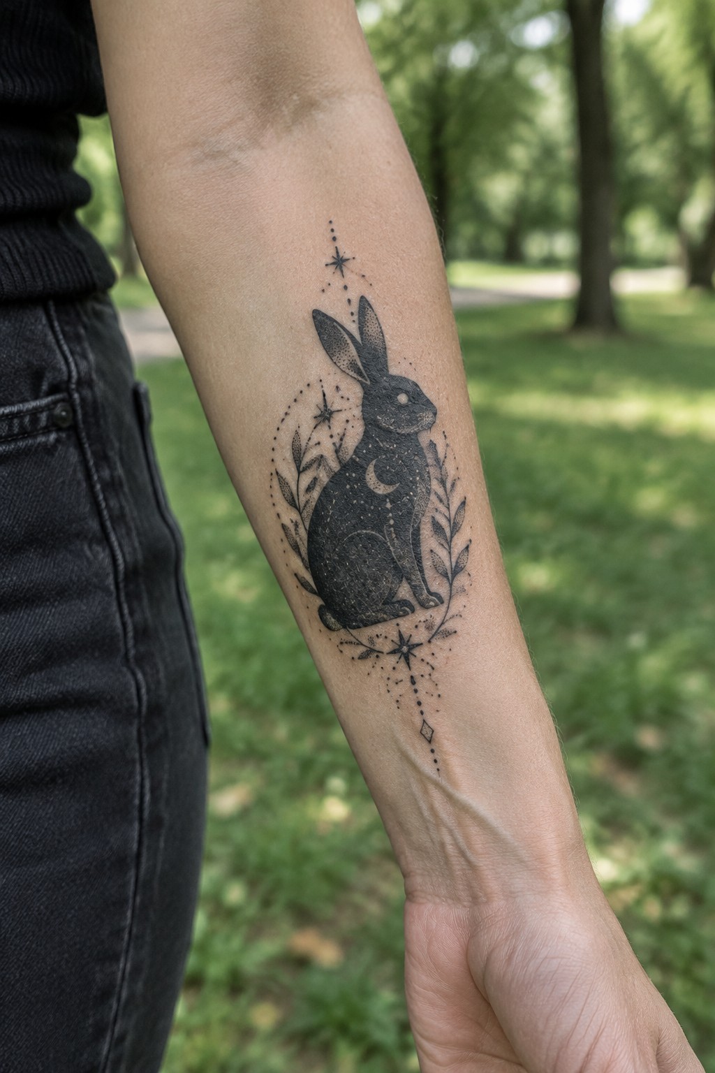 Black rabbit tattoo with stars, moon, and leaves on forearm in park