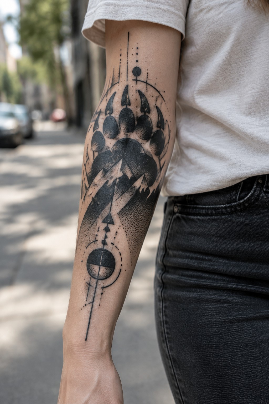 Bear paw mountain tattoo with geometric lines on arm in white t-shirt and jeans