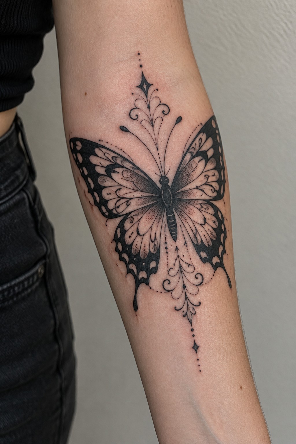 Blackwork butterfly tattoo on the forearm with shaded wings, ornamental swirls, and dotted details.