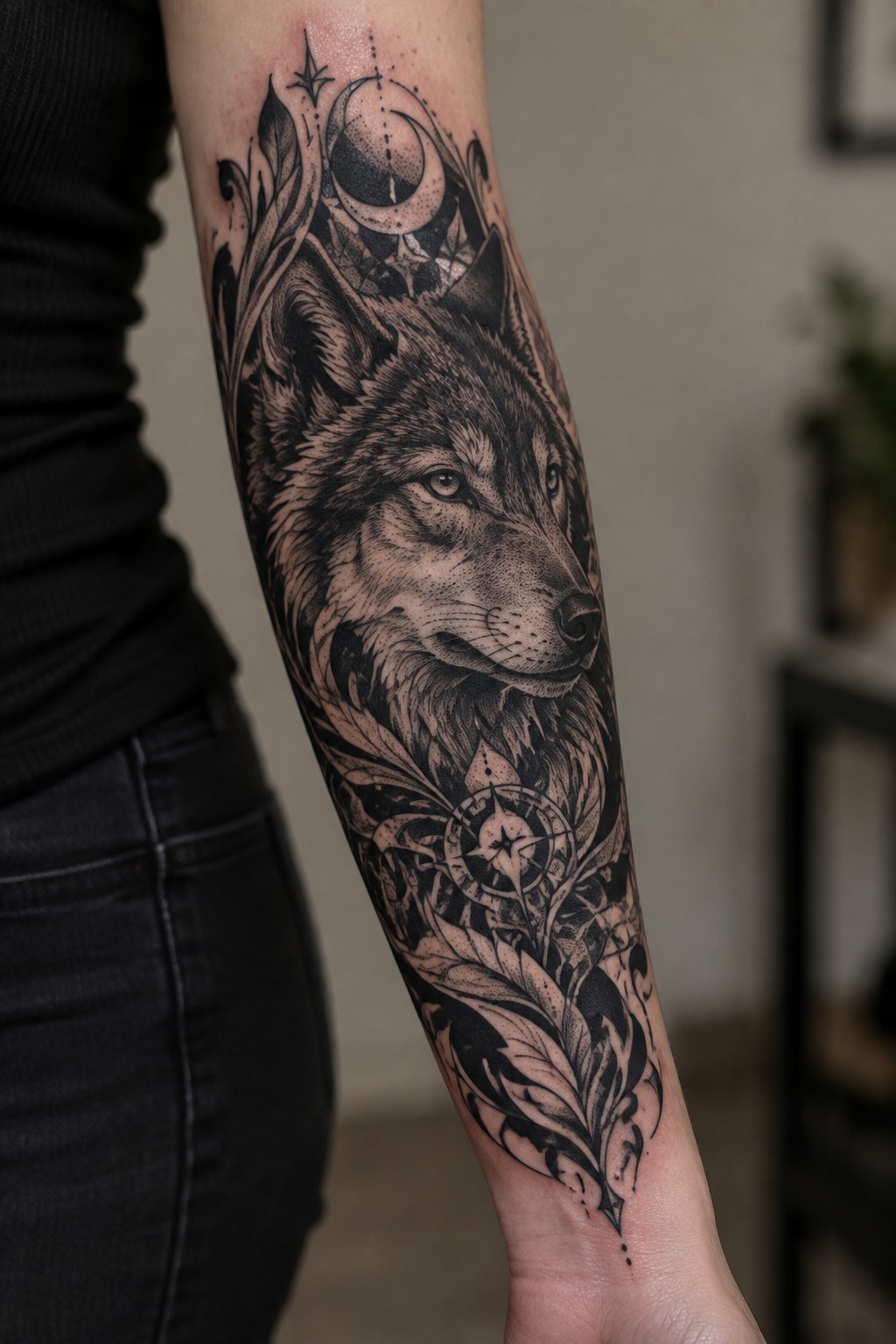 Realistic black and gray wolf tattoo with moon, compass, and leaves on forearm.