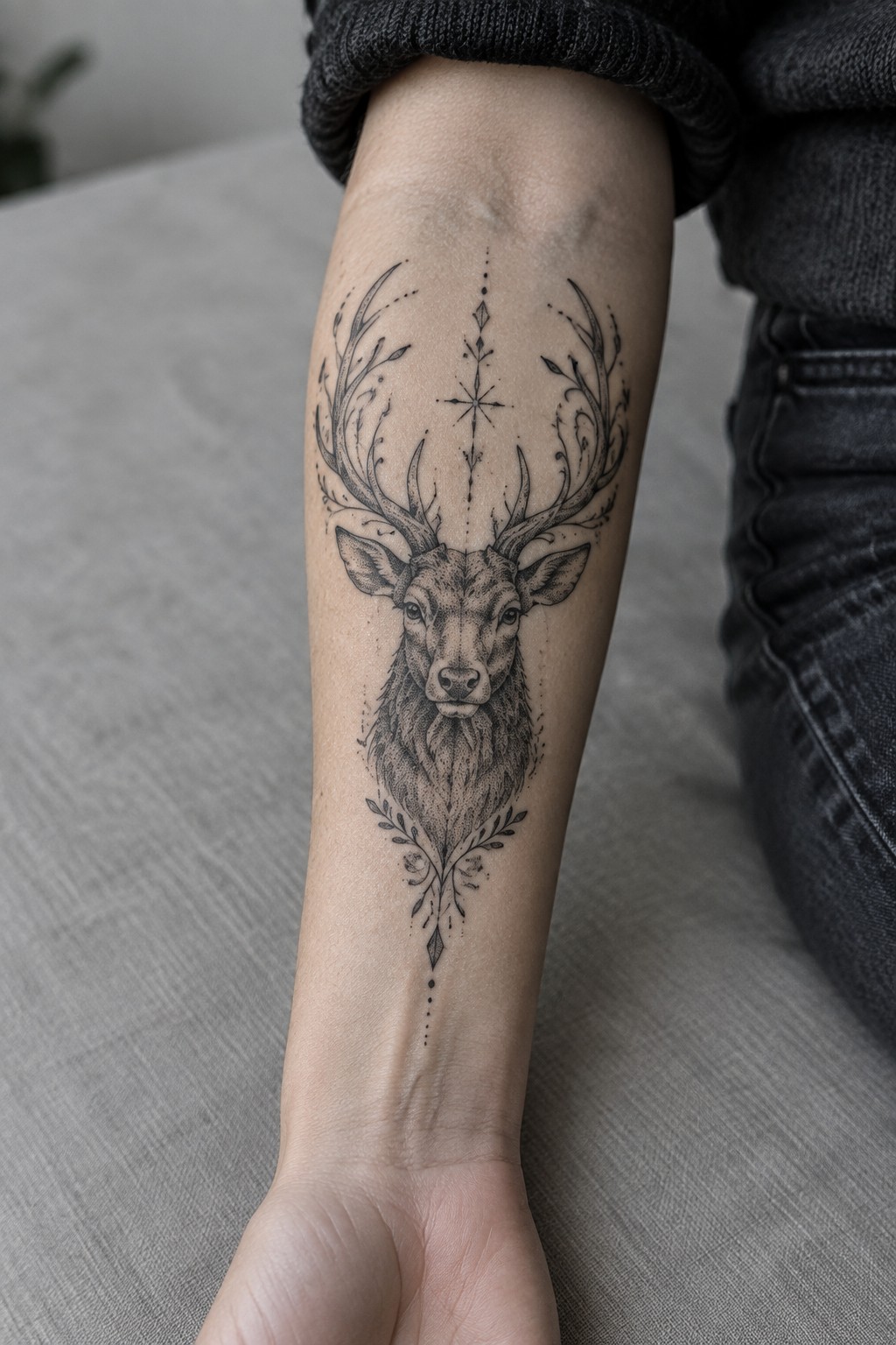 Detailed black ink deer head tattoo with ornate antlers on forearm