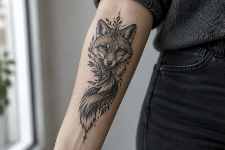 Detailed black fox tattoo with leaves on arm in grey shirt and jeans