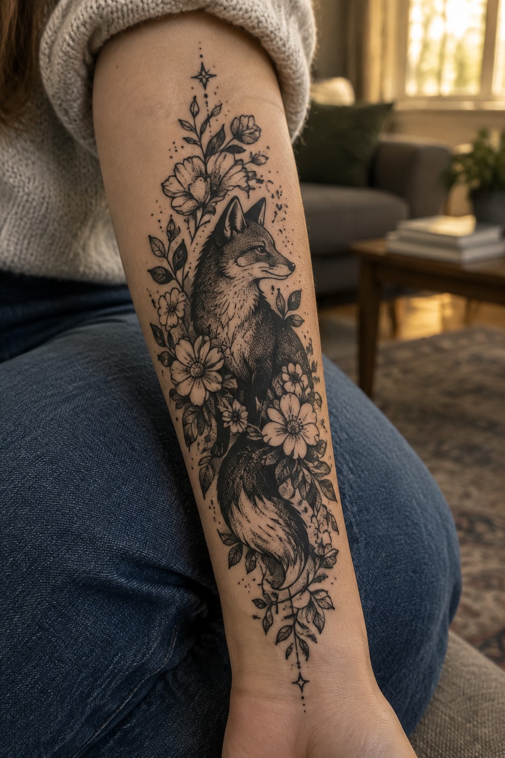 Fox and floral tattoo on arm in cream sweater and blue jeans