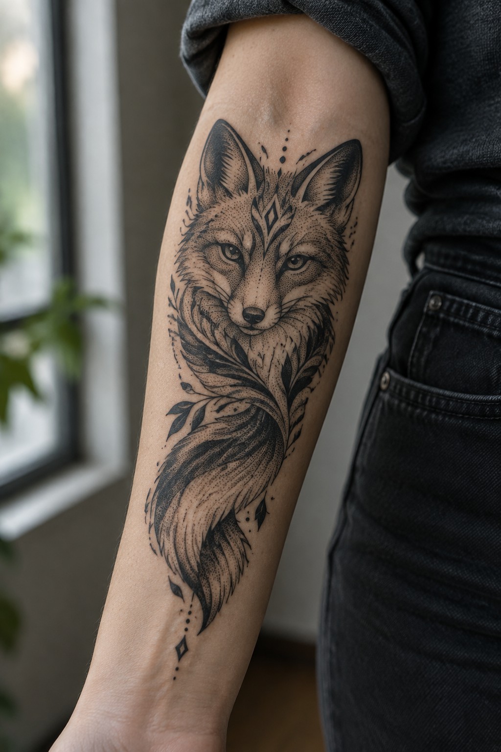 Detailed black fox tattoo with leaves on arm in grey shirt and jeans