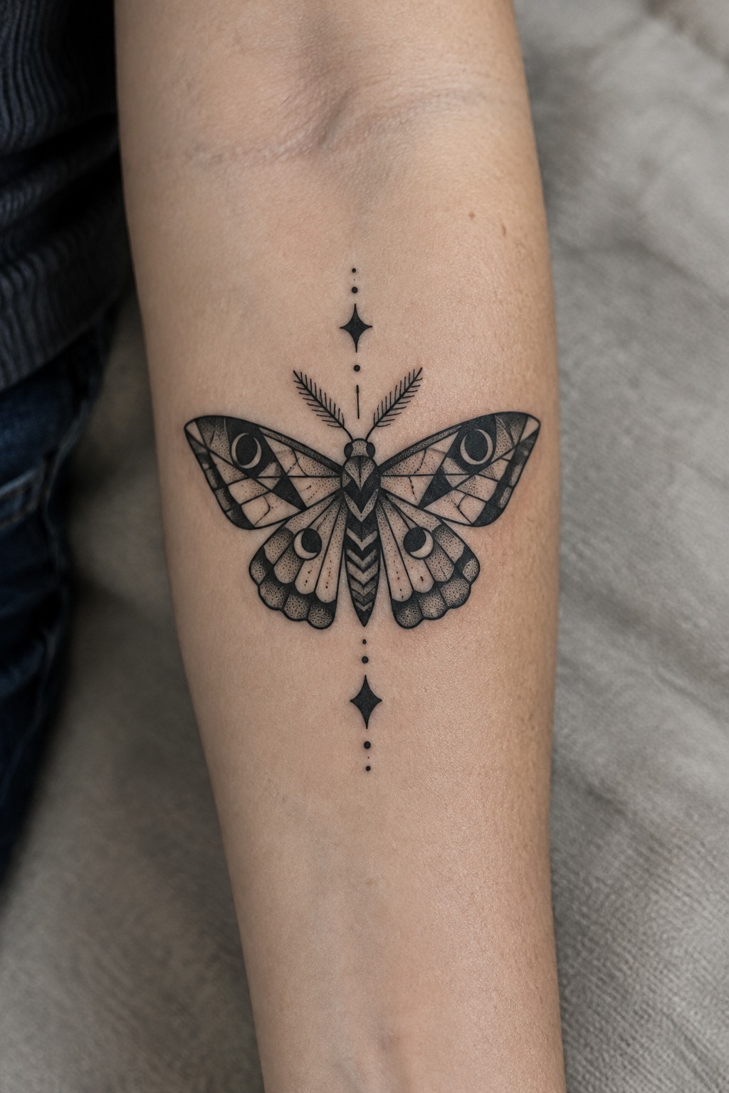Geometric black moth tattoo with eyespots on forearm and vertical dotted stars