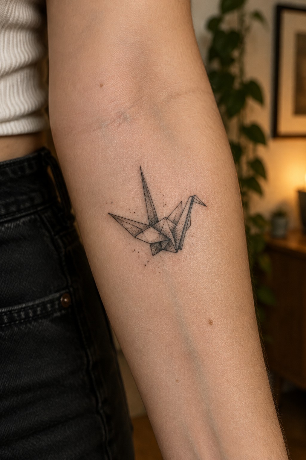 Black geometric origami crane tattoo on a woman's forearm with stippled shading and clean lines.