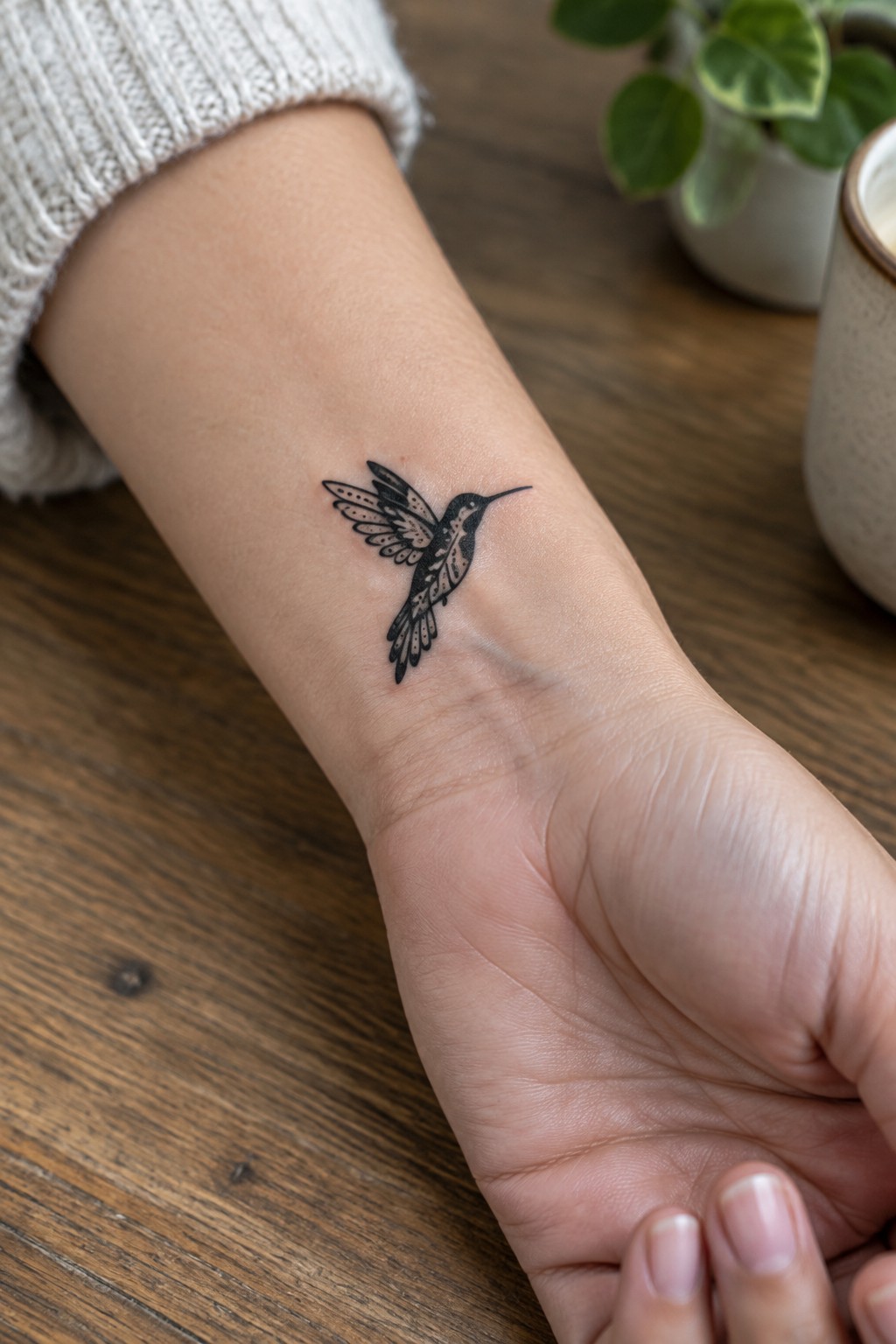 Hummingbird tattoo on wrist of hand in white knit sweater on wood table