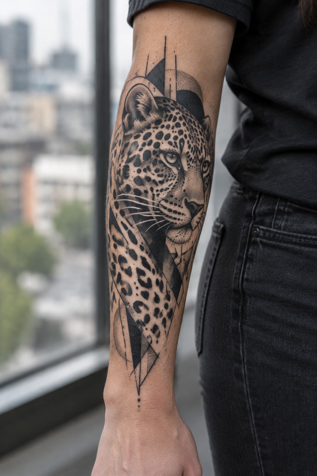 Blackwork leopard head tattoo on a forearm with geometric triangles and lines integrated into the design.