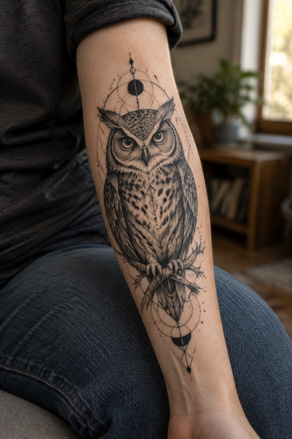 Detailed black owl tattoo on forearm with geometric moons and celestial patterns