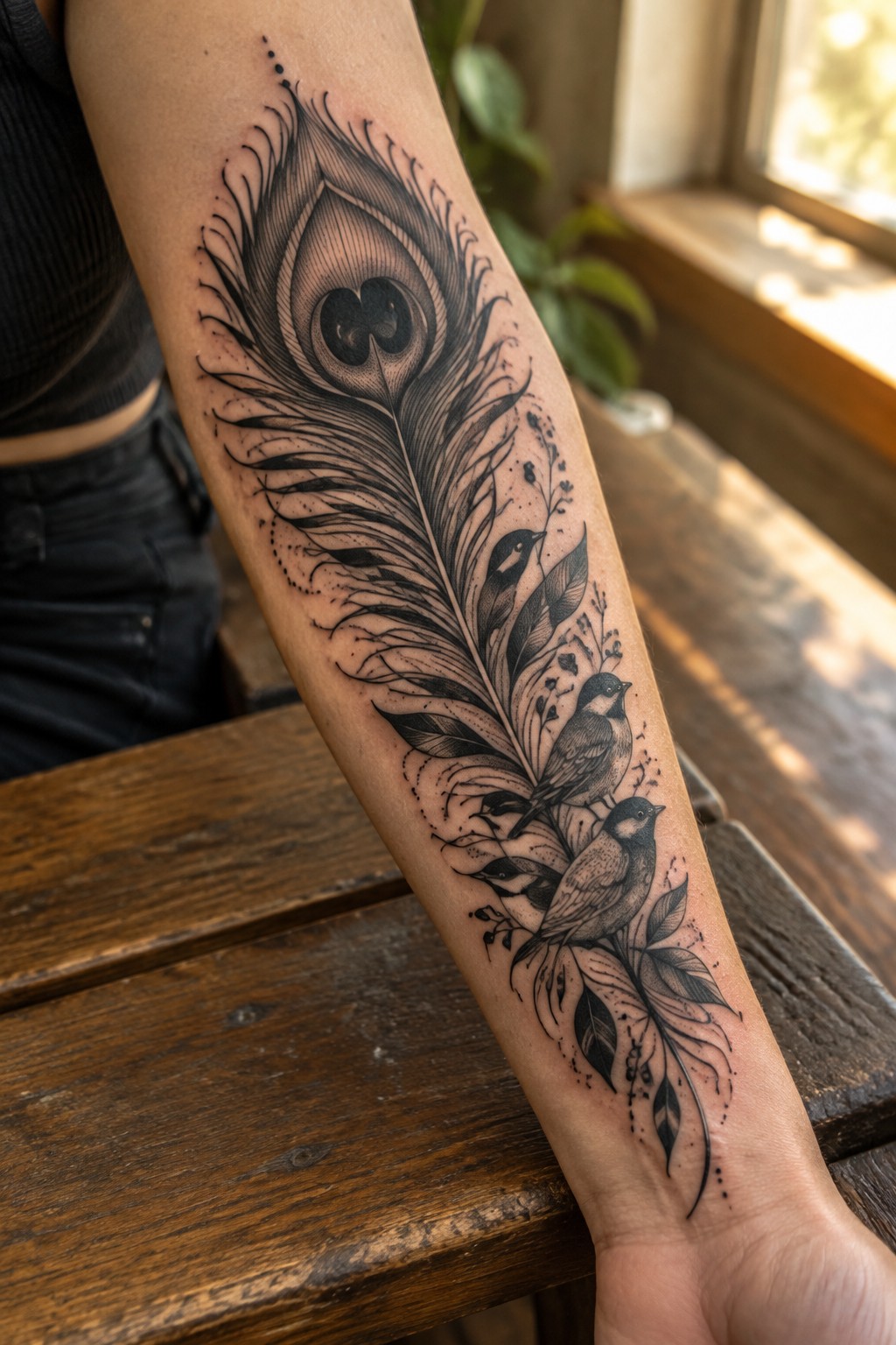 Blackwork tattoo on a woman's forearm showing a large peacock feather with small birds and leaves integrated into the lower section.