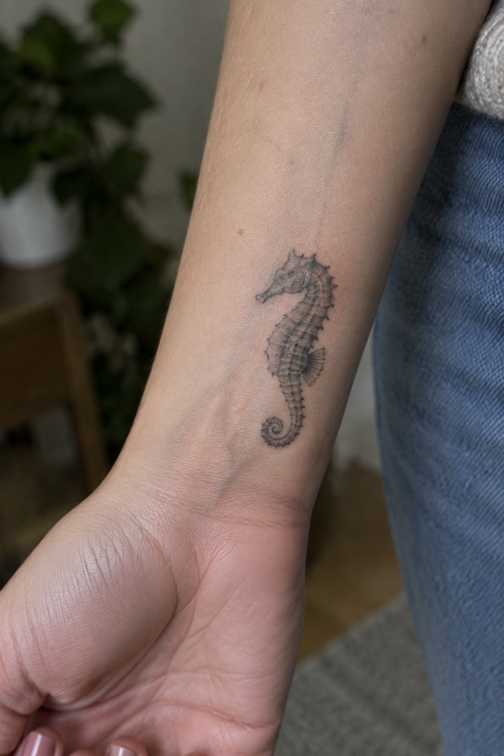 Seahorse tattoo on inner forearm above a clenched fist in blue jeans