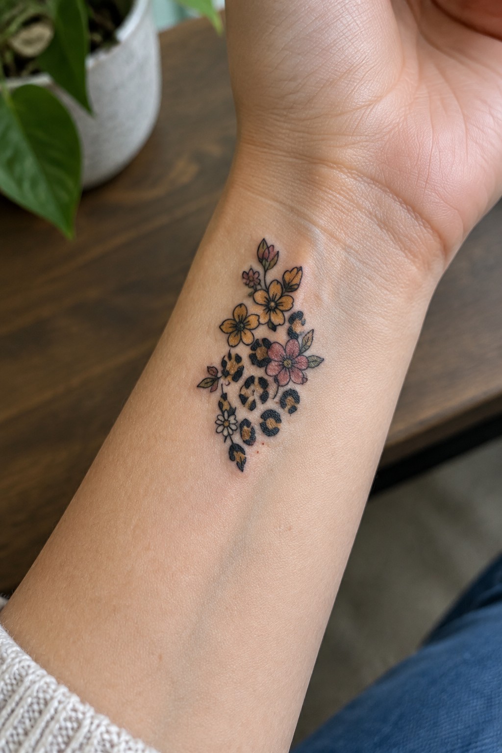 Floral tattoo with yellow, pink blooms and leopard spots on wrist near plant