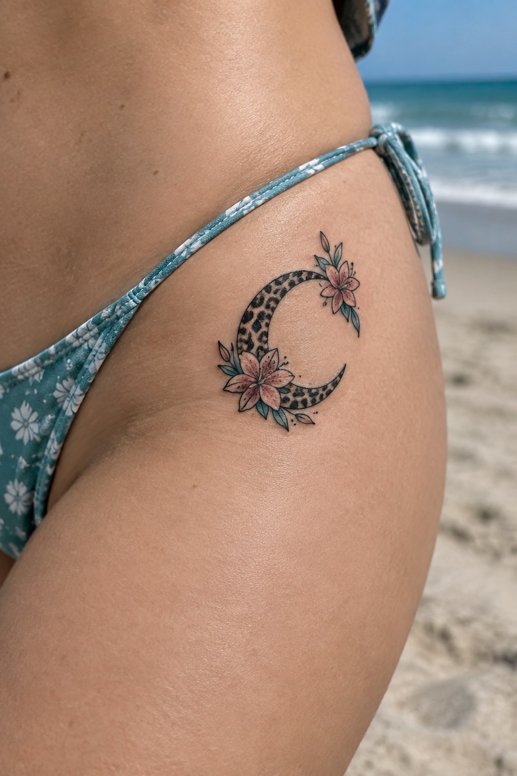 Leopard-print crescent moon tattoo with pink flowers on hip above floral bikini