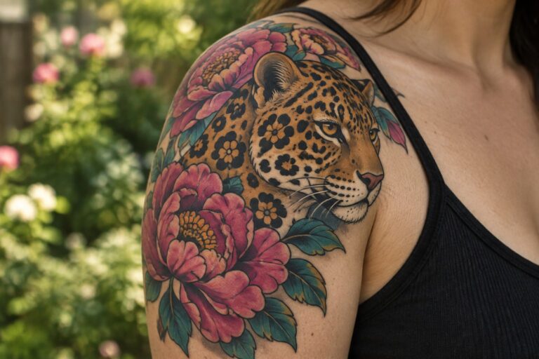 20 Vibrant Leopard Tattoos for Women Blending Florals with Neo-Traditional Composition Vibrant leopard tattoo with pink peonies and leaves on shoulder