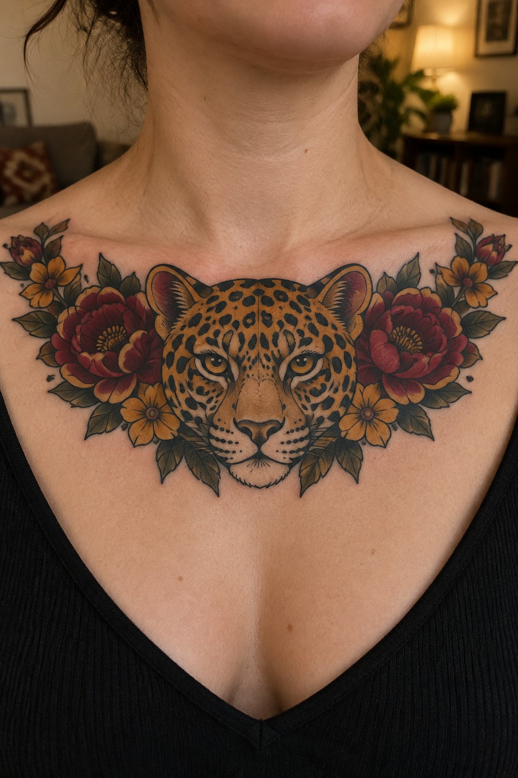 Leopard face tattoo with red and yellow flowers on upper chest above black top