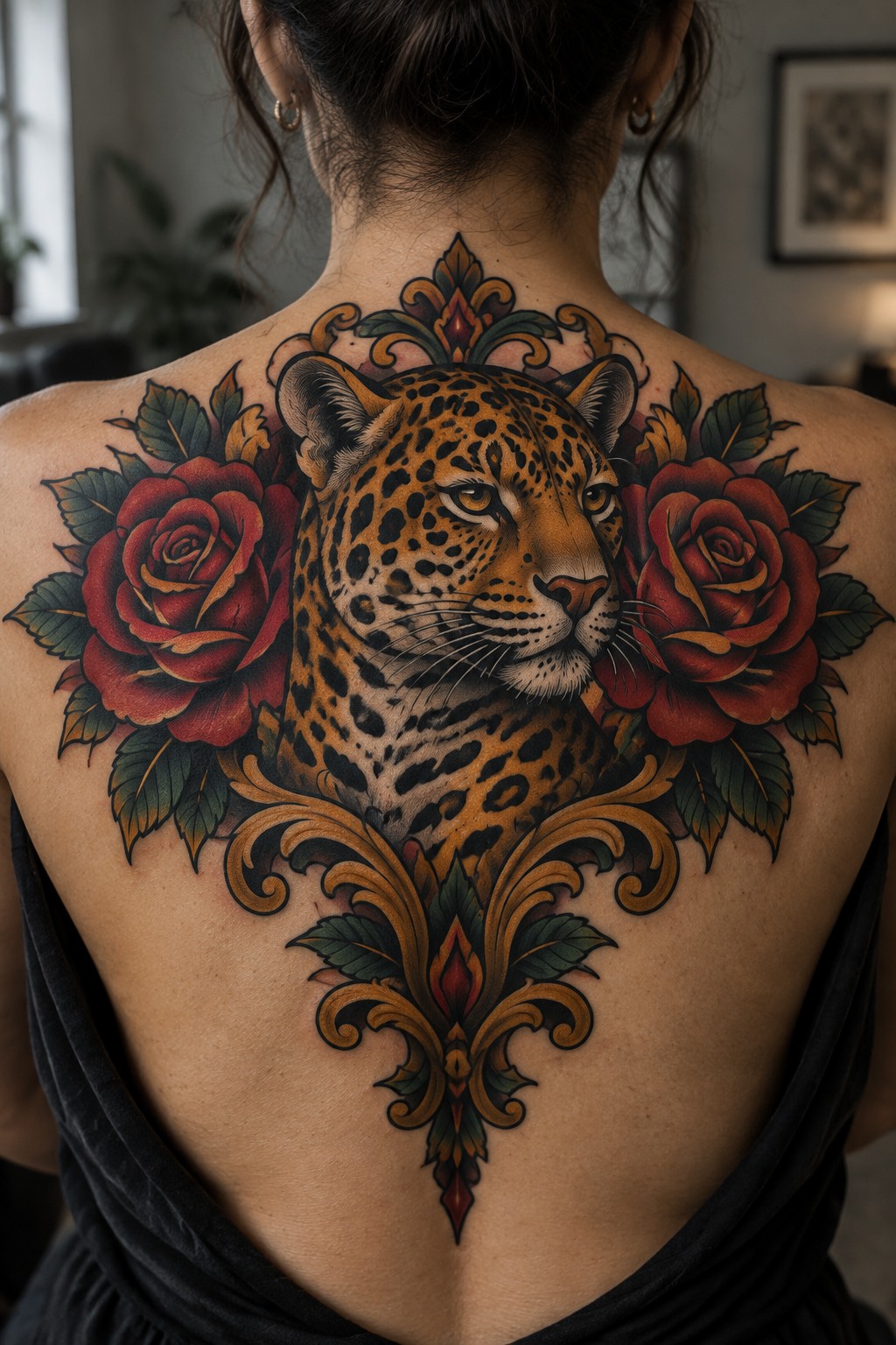 Woman's back with large leopard tattoo amid red roses and ornate golden filigree over black top