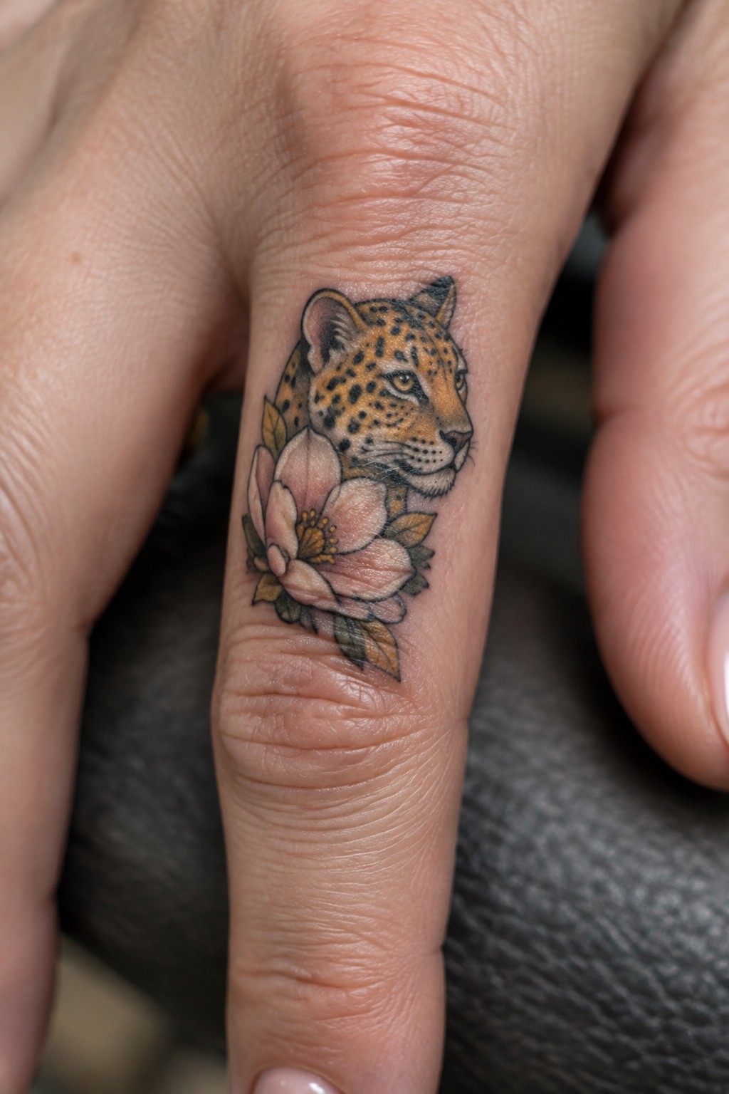 Neo-traditional leopard head with flowers tattooed on the side of a finger
