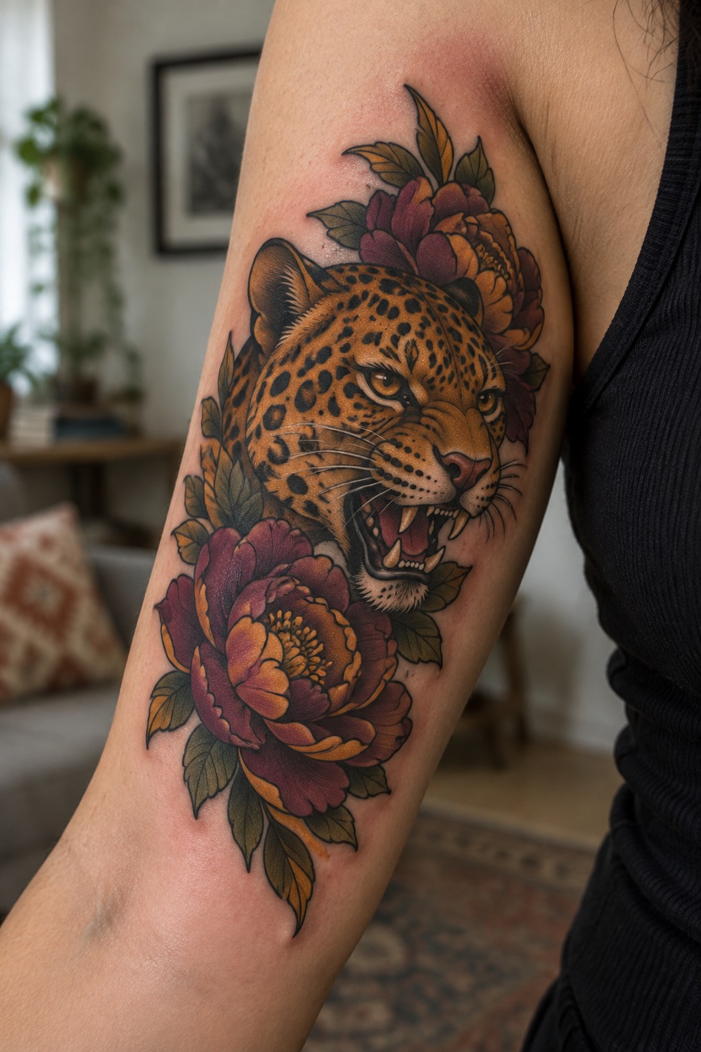 Realistic jaguar head with open mouth amid purple-orange flowers on arm