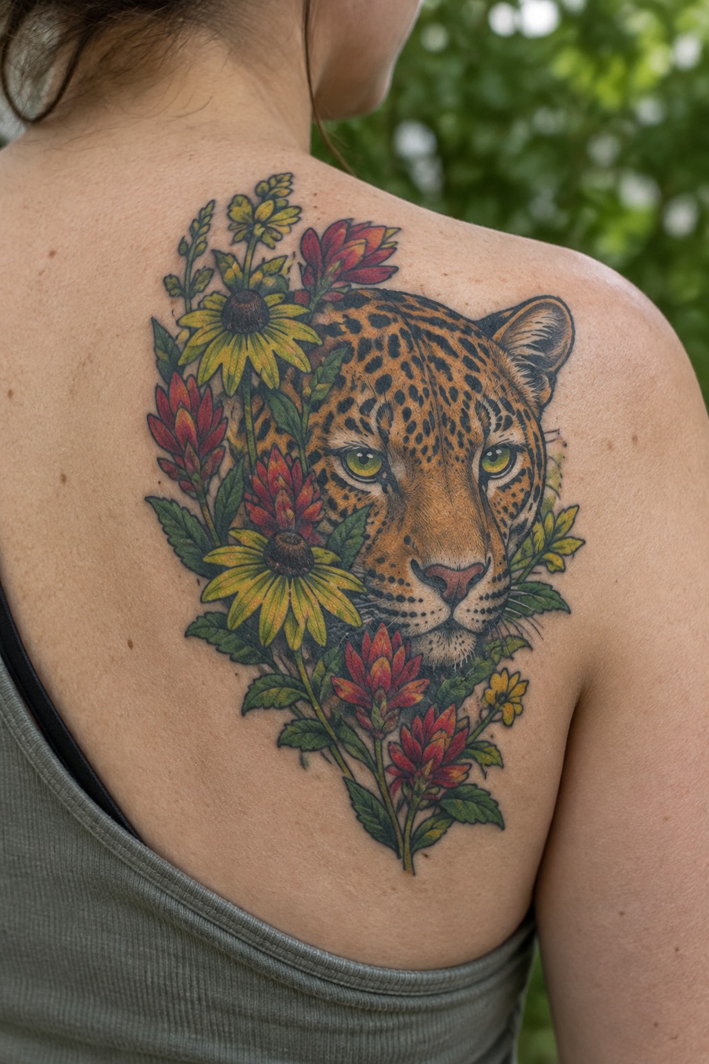 Realistic jaguar tattoo with yellow sunflowers and red blooms on shoulder