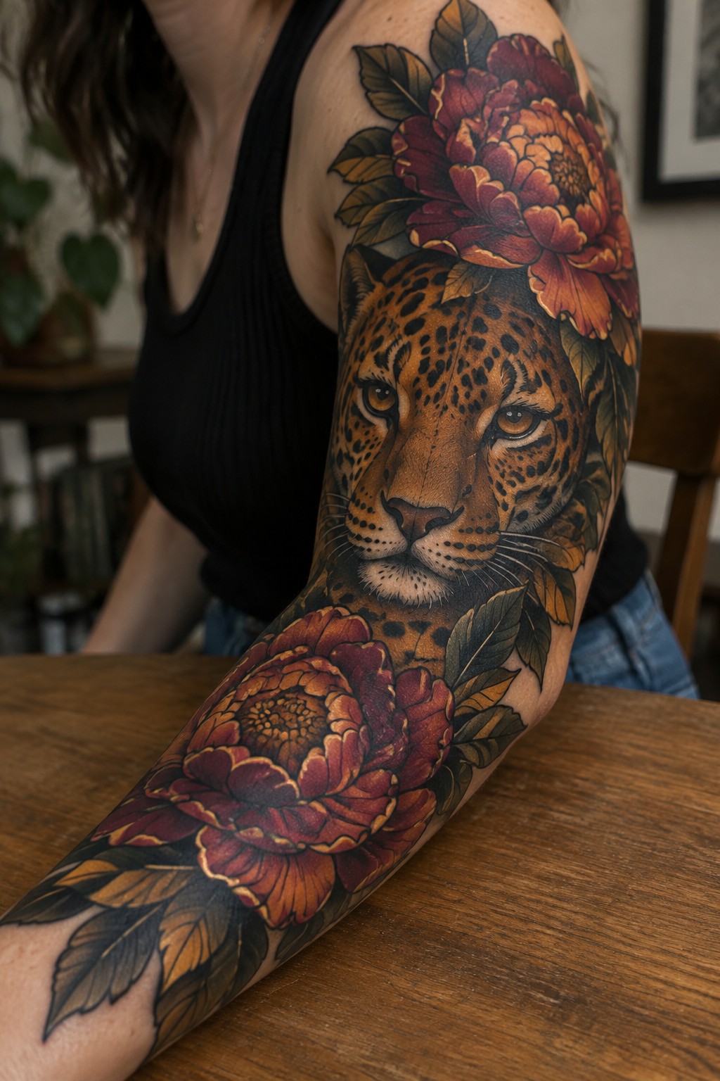 Realistic leopard face and red floral tattoo on woman's arm at wooden table