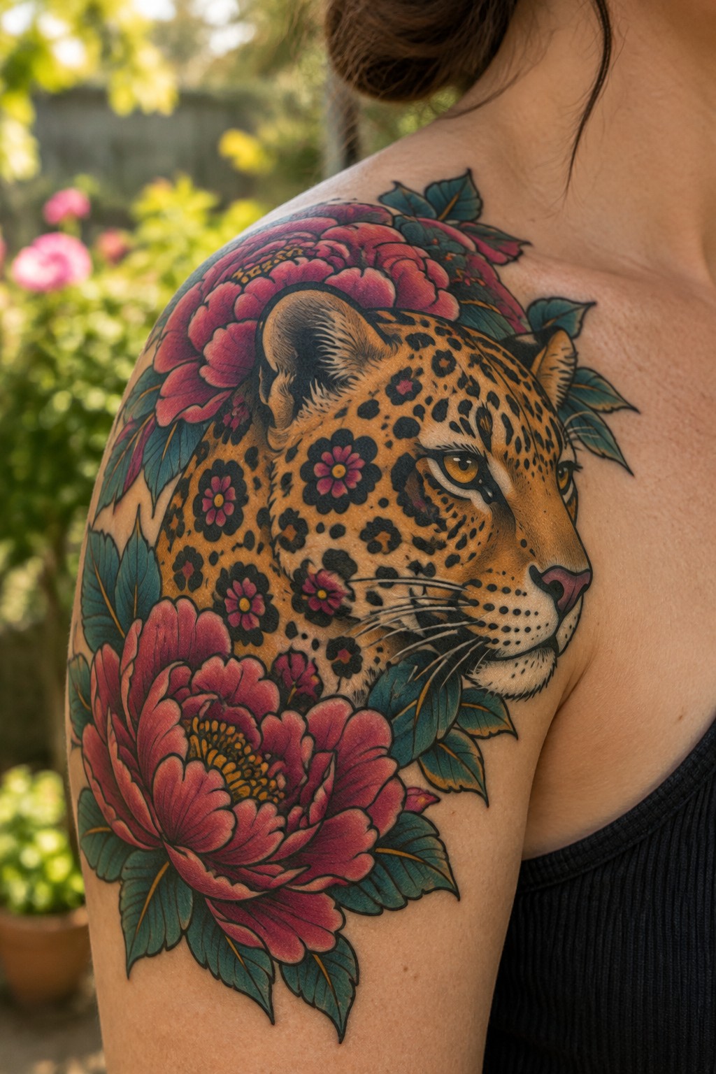 Vibrant leopard tattoo with pink peonies and leaves on shoulder