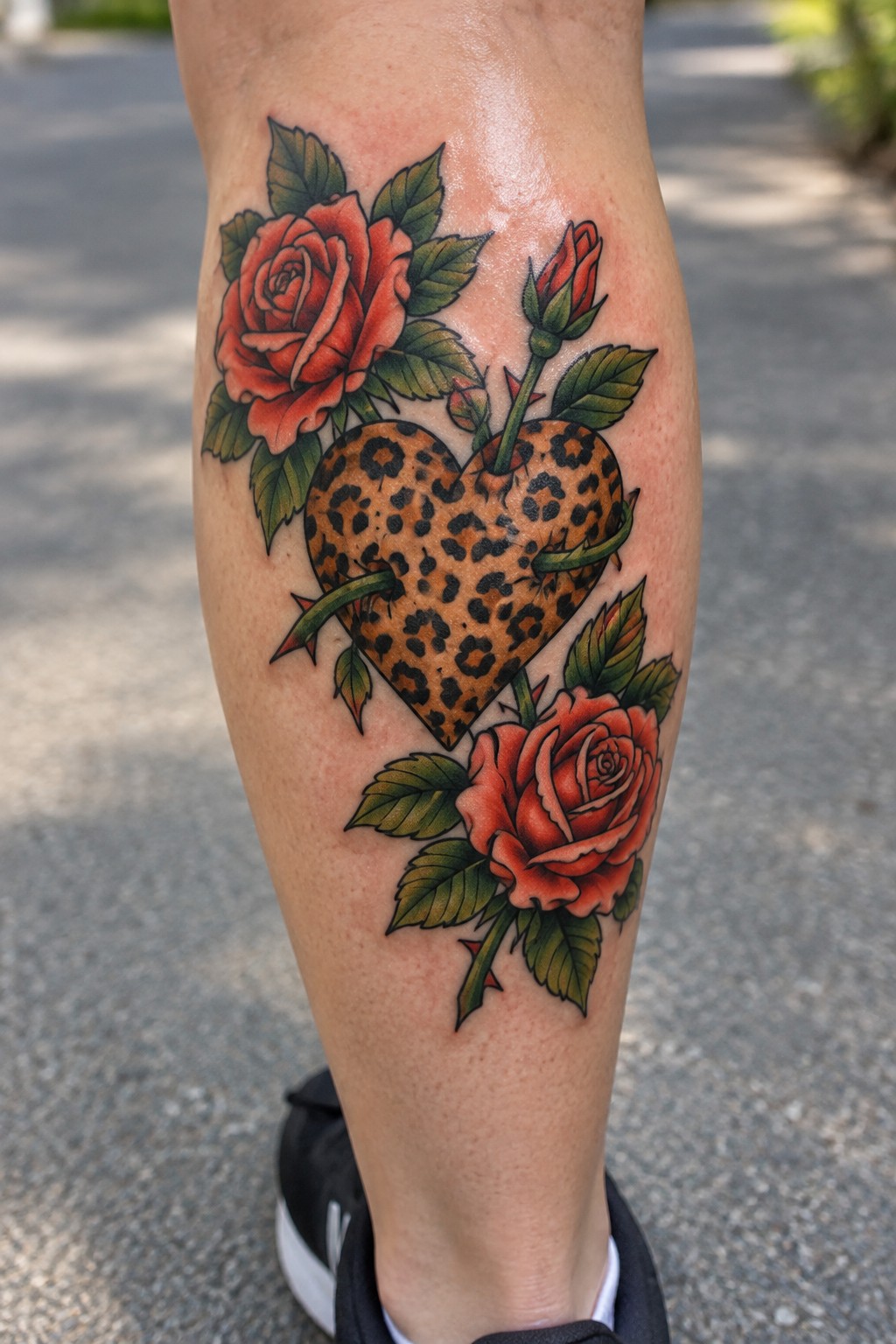 Leopard-print heart tattoo with red roses and thorny green leaves on leg