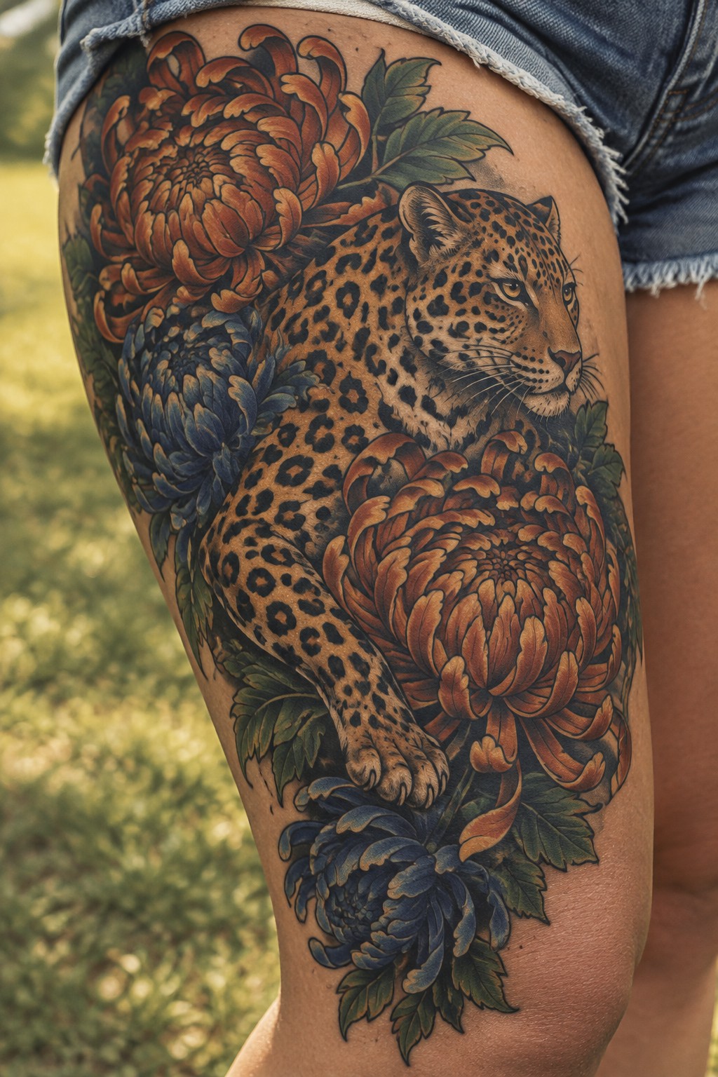 Detailed tattoo of leopard amid orange and blue chrysanthemums on thigh under denim shorts