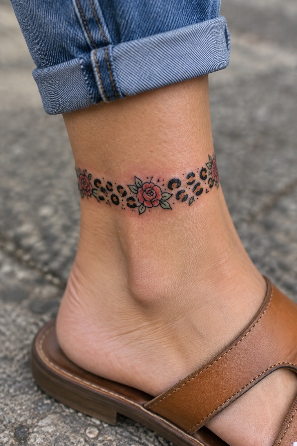 Ankle tattoo with red roses and leopard spots above brown sandal and cuffed jeans