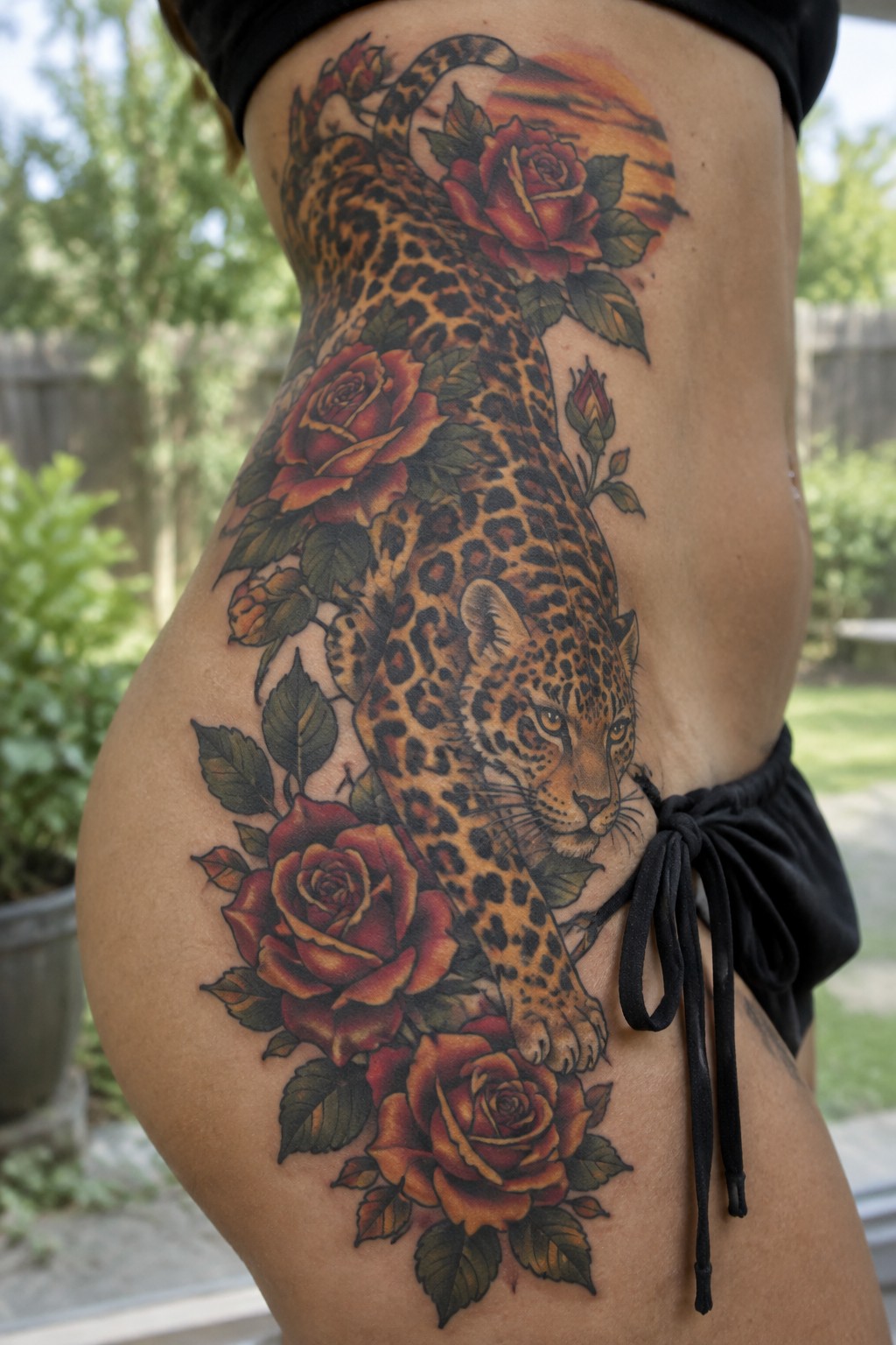 Leopard and red rose tattoo on woman's side above black bikini bottoms