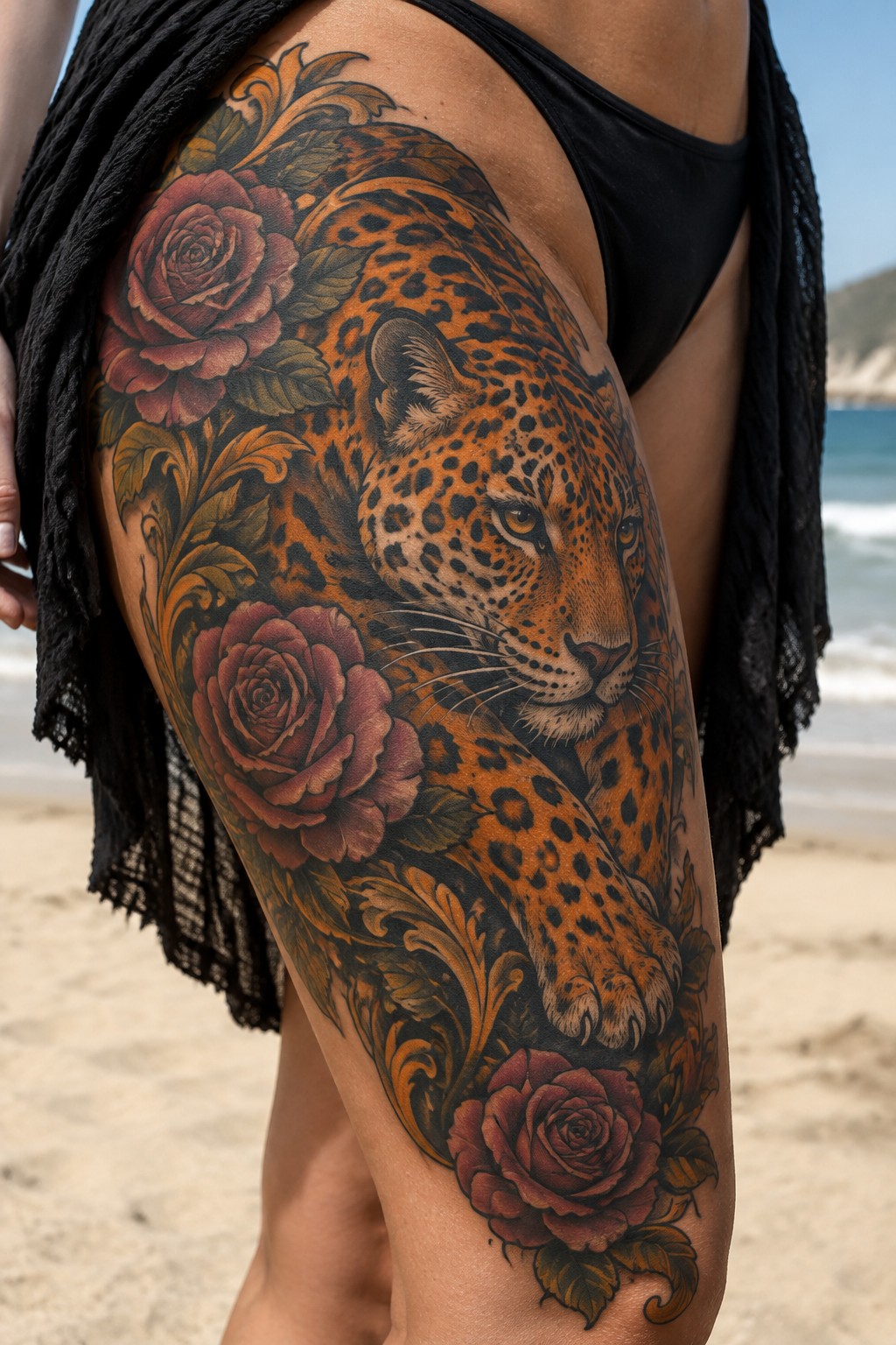 Leopard and red roses tattoo on thigh with black bikini at beach