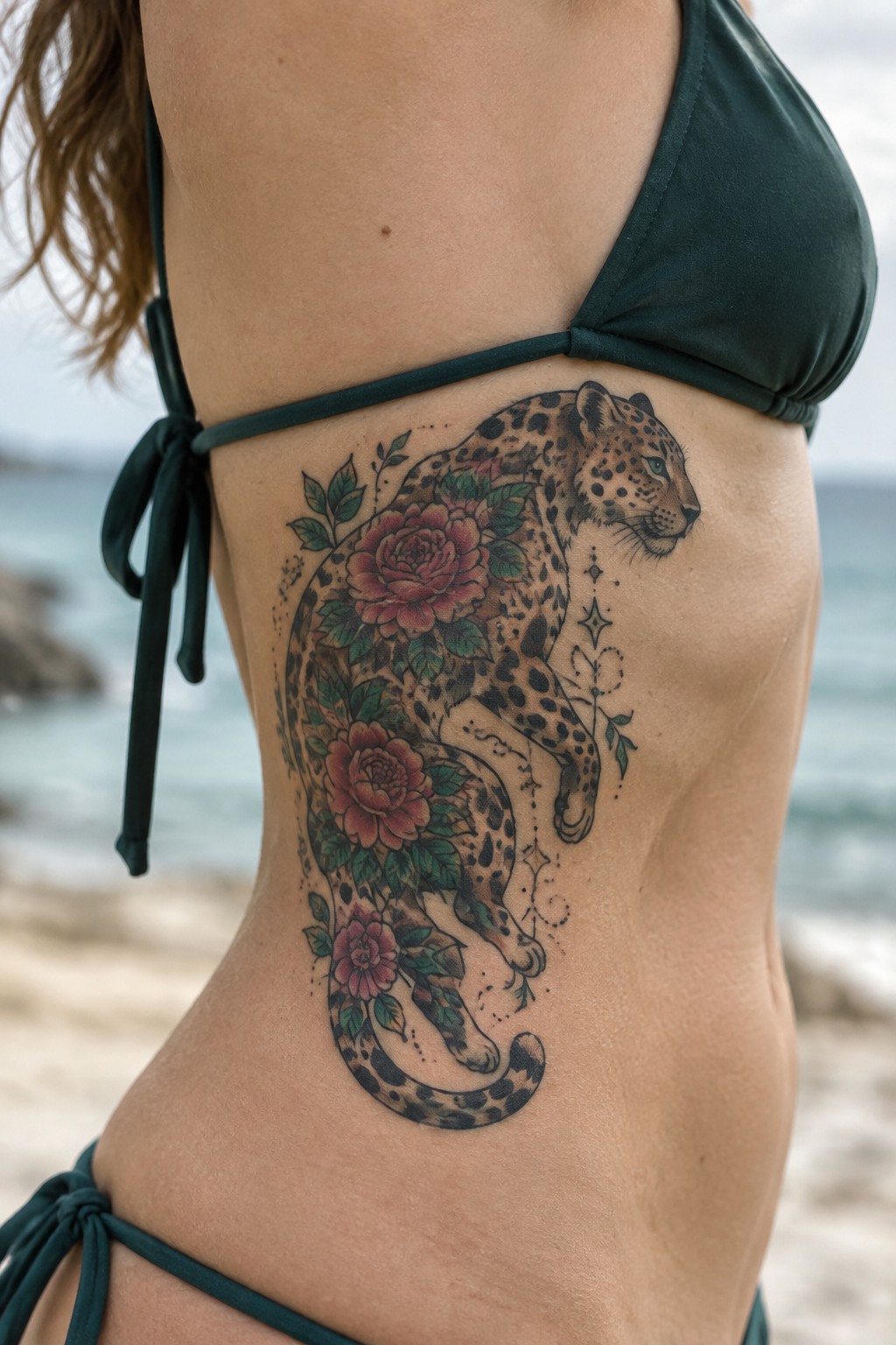 Woman in dark green bikini with leopard and rose tattoo on side at beach
