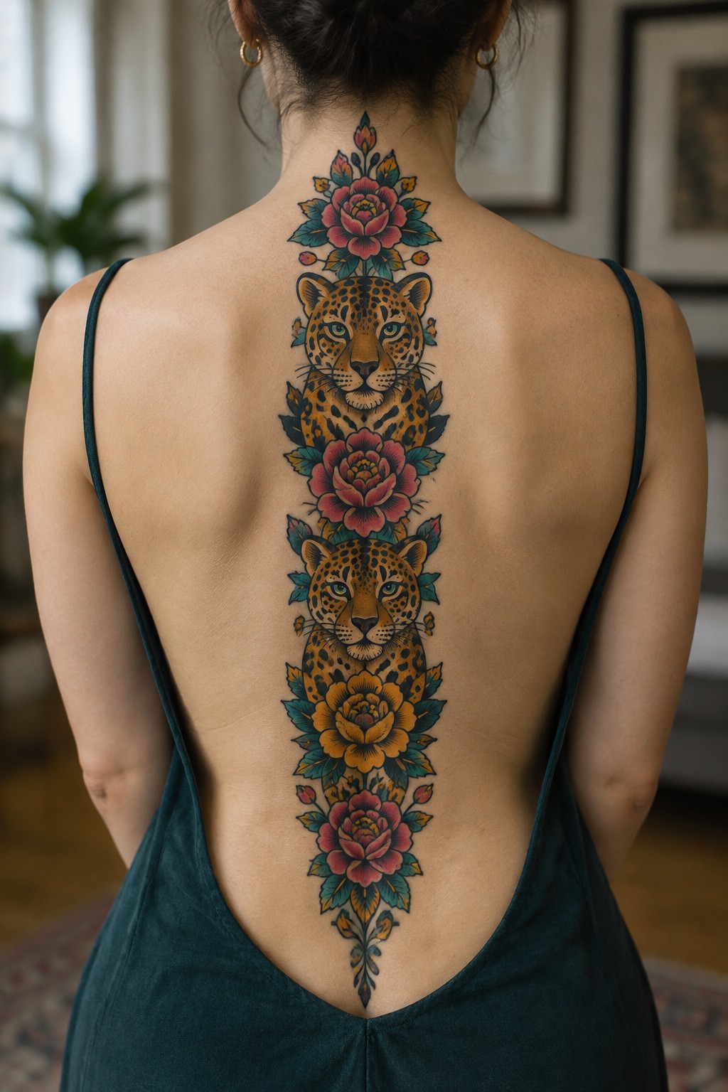 Woman's back in dark green dress with vertical leopard and floral tattoo.