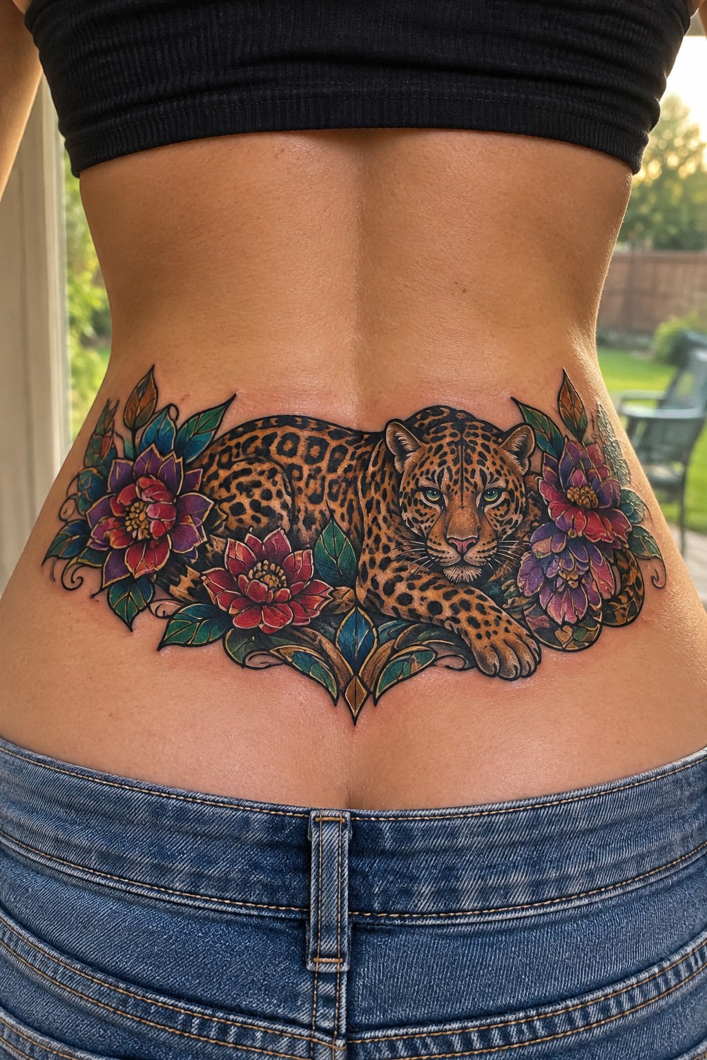 Colorful floral leopard tattoo on lower back above blue jeans and black top