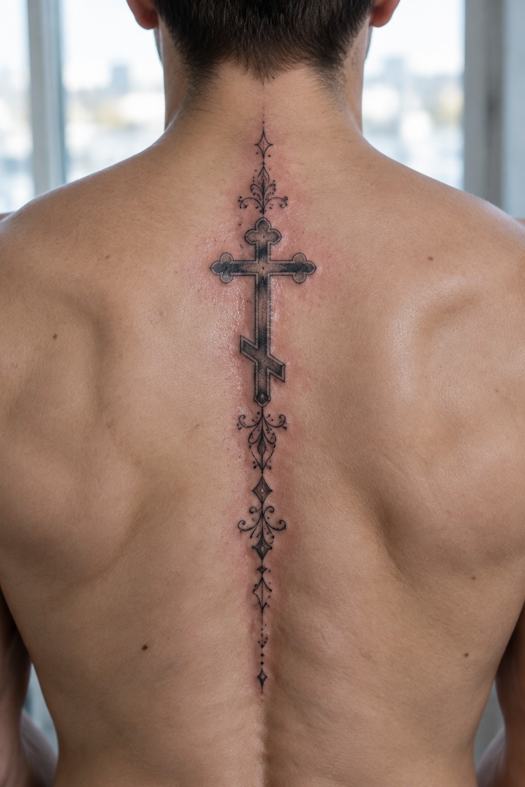 Shirtless man with large ornate black cross tattoo down spine.