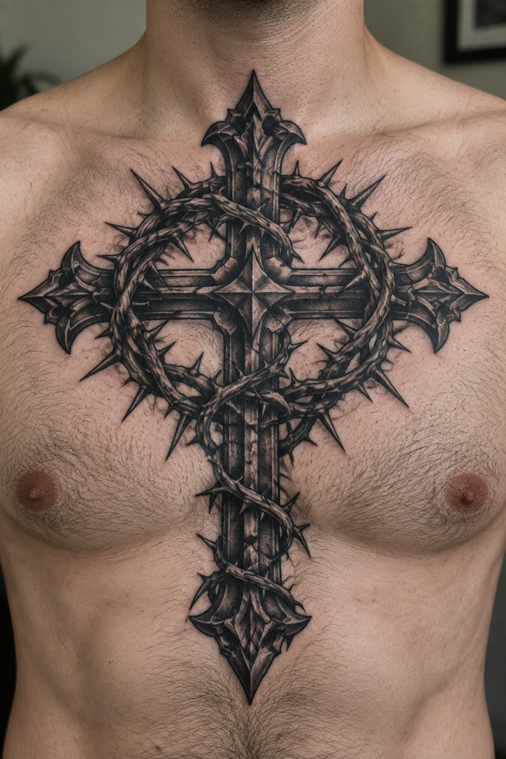 Ornate black cross tattoo wrapped in thorns on a man's chest