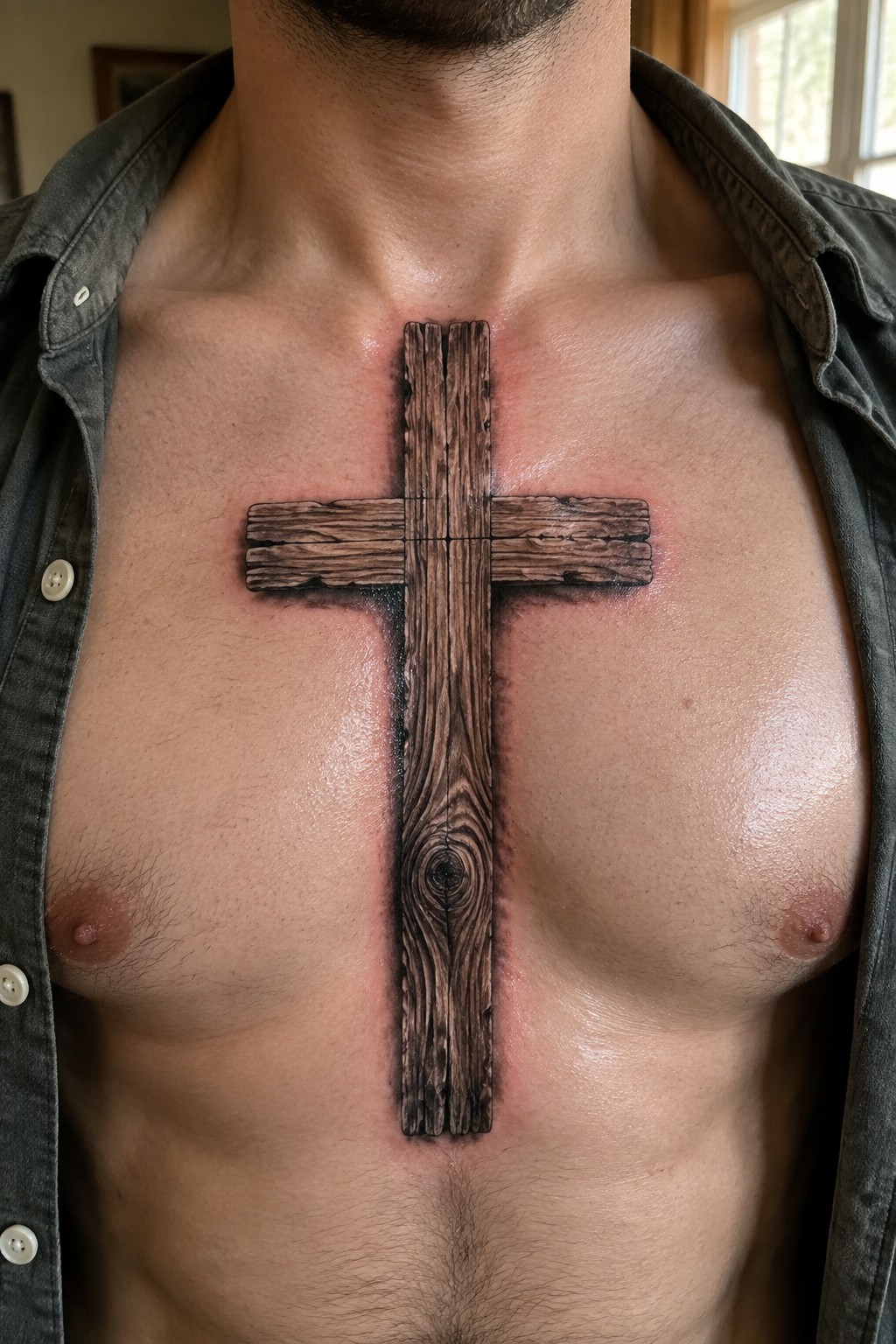 Realistic wooden cross tattoo on man's chest under open gray shirt