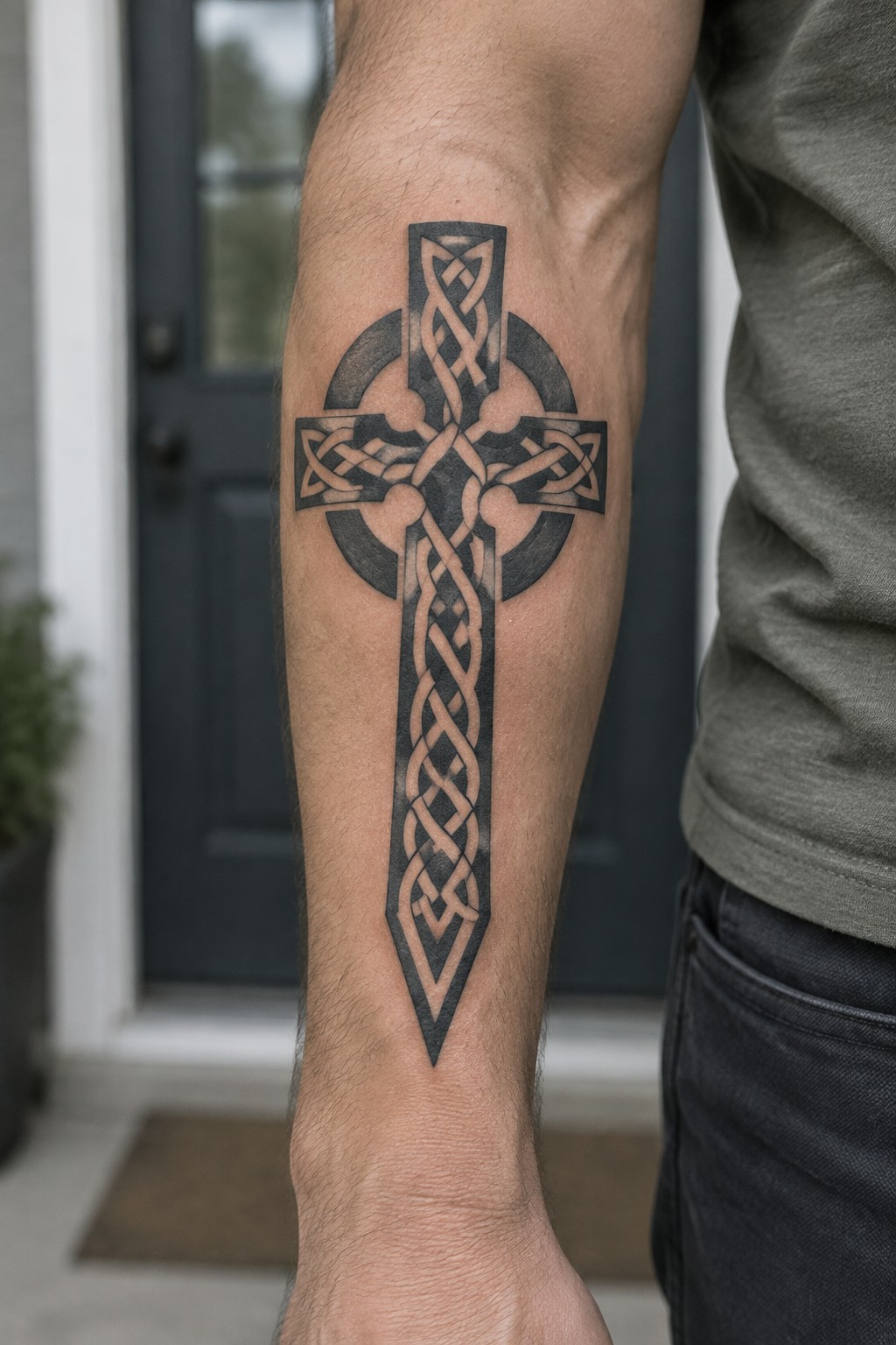 Detailed Celtic cross tattoo with knotwork on a hairy forearm near a door.