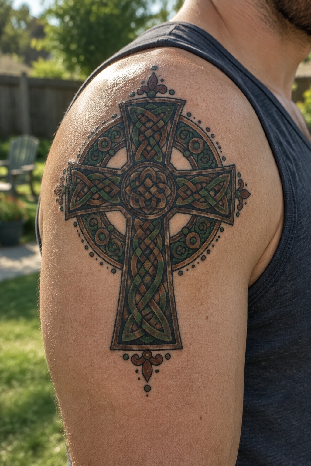 Large ornate Celtic cross tattoo on man's shoulder in dark tank top outdoors